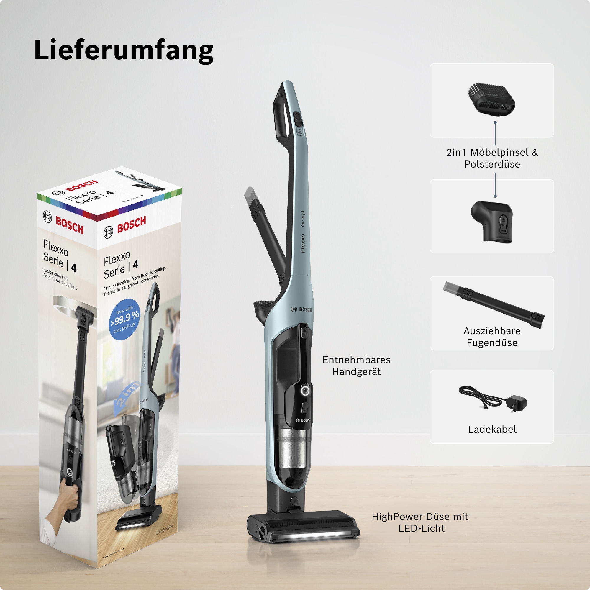 BOSCH Akku-Stielstaubsauger »Flexxo Serie 4 BCH4FM28/BCH4SM28, 2in1 Akku-Staubsauger, freistehend« kabellos, integriertes Zubehör, beutellos, 60 Min. Laufzeit