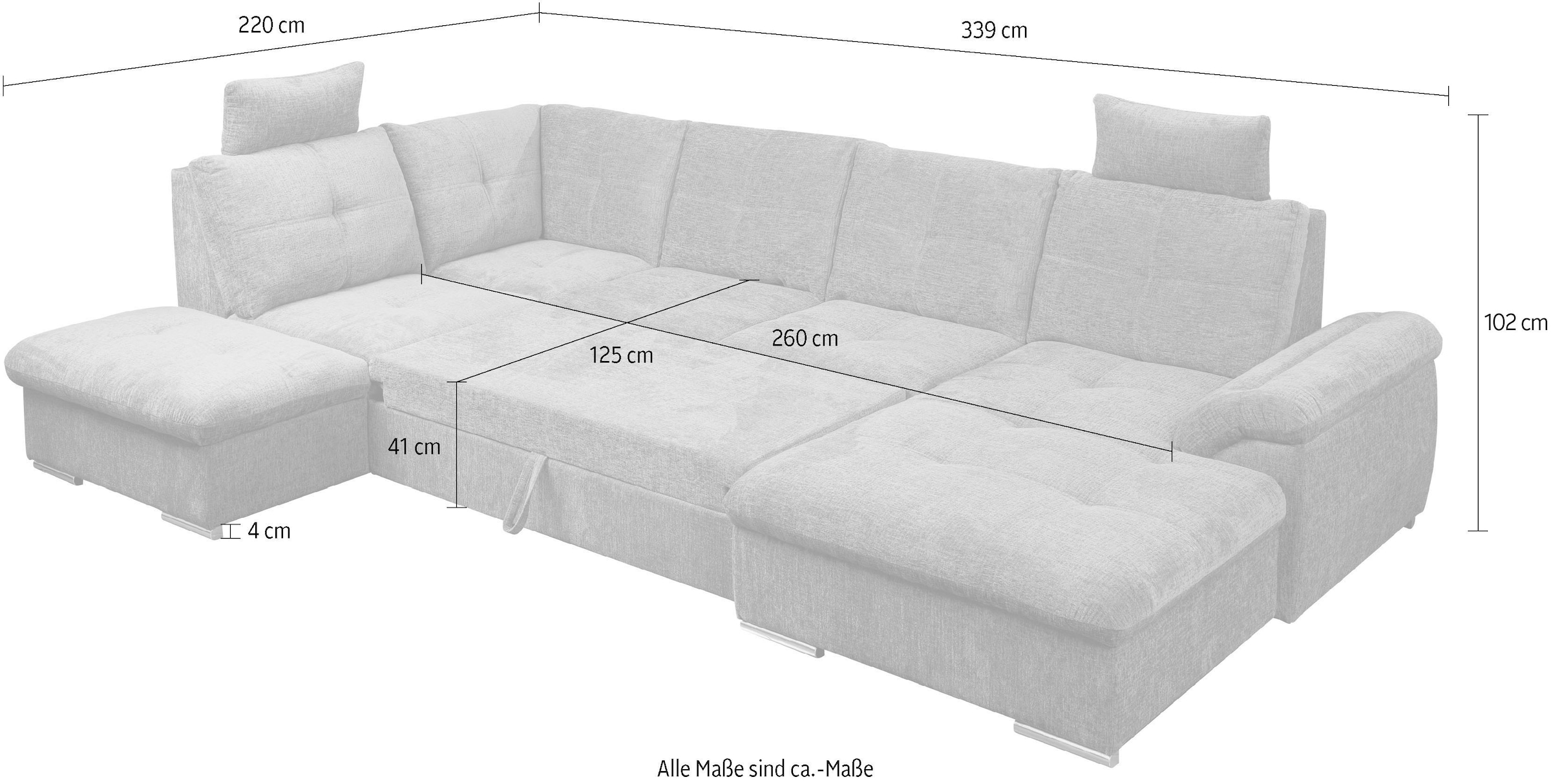 WERK2 Wohnlandschaft »Arena 339 cm breit mit Bett & Bettkasten, wahlw. mit 2 Kopfstützen« U-Form, XXL, Schlaffunktion, Bettkasten