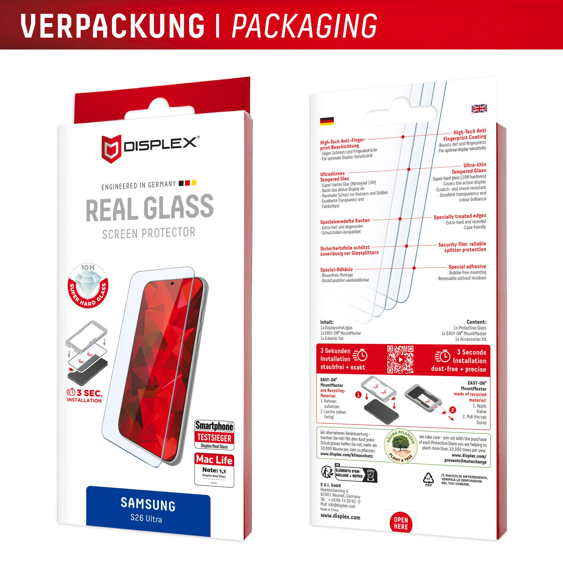 Displex Displayschutzglas »Real Glass Screen Protector mit MountMaster« für Samsung Galaxy S26 Ultra Displayschutzfolie, Schutzfolie, Bildschirmschutz, kratz- & stoßfest