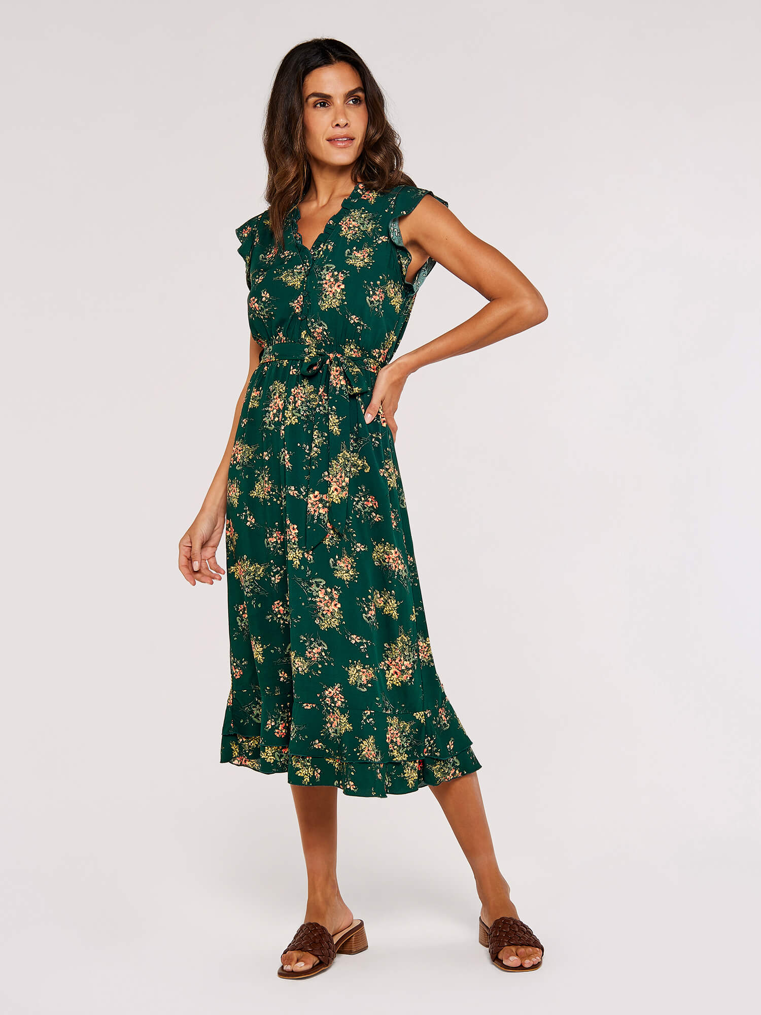 Apricot Druckkleid "Geblümtes Midikleid" mit Bindeband, 2 tlg. mit Rüschen und Bindegürtel