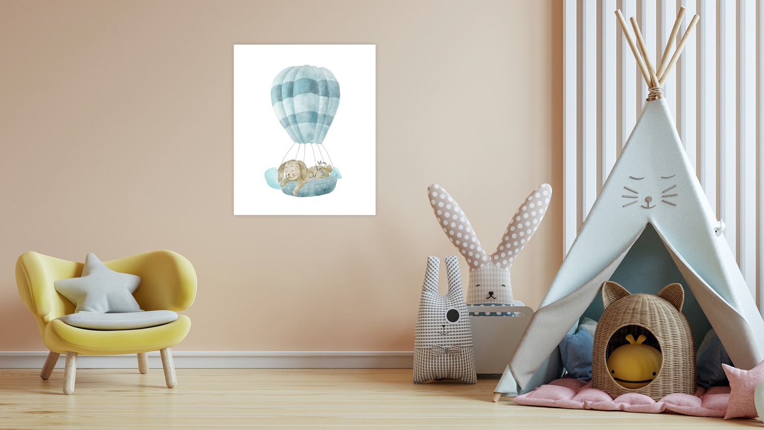 Lüttenhütt Bild mit Rahmen "oder Poster, Schlafender Hase in Heißluftballon" Ballonfahren Fantasy Heißluftballon Tiere 1 Stk. tlg. HD Premium Druck