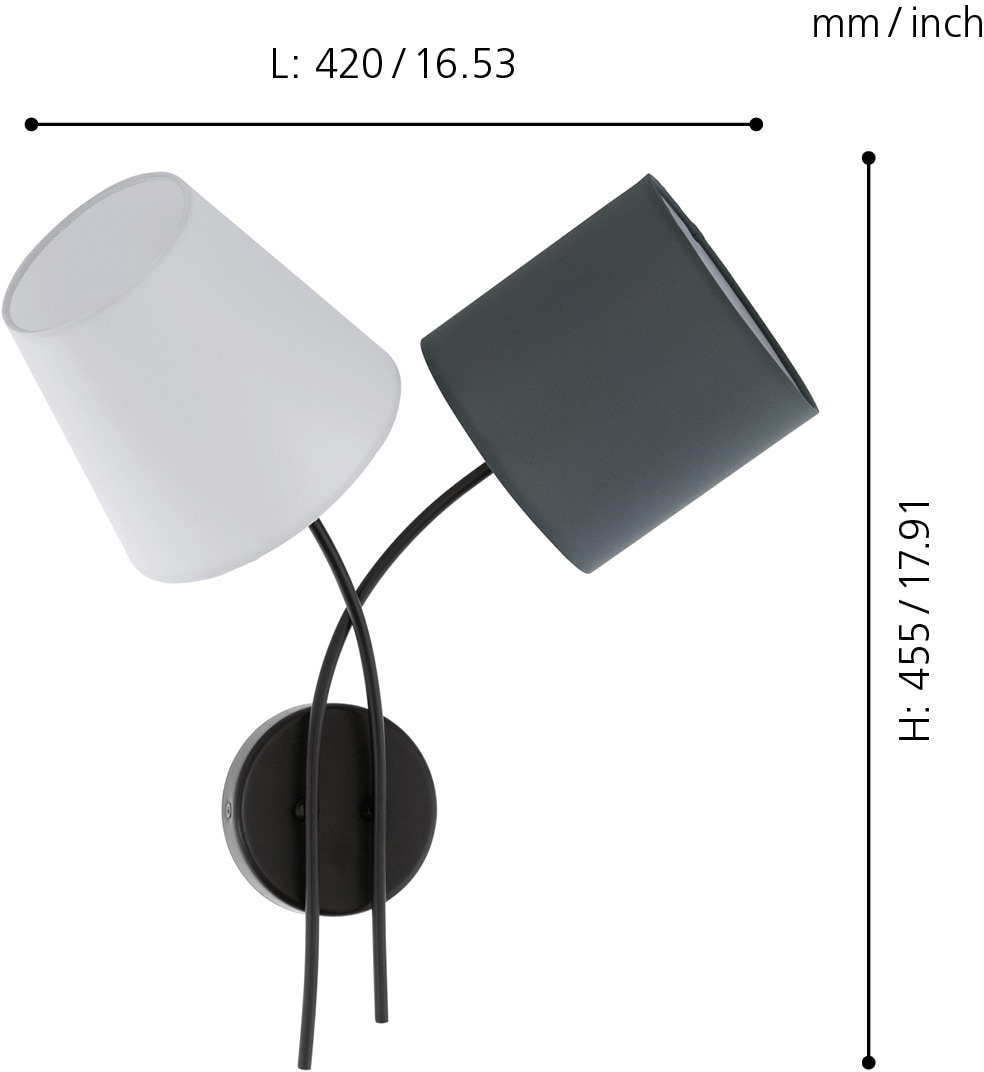 EGLO Wandleuchte »ALMEIDA«, 2 flammig, Leuchtmittel E14 | Leuchtmittel wechselbar-ohne Leuchtmittel, schwarz / L42 x H45,5 x B19cm / Wandlampe aus Stoff