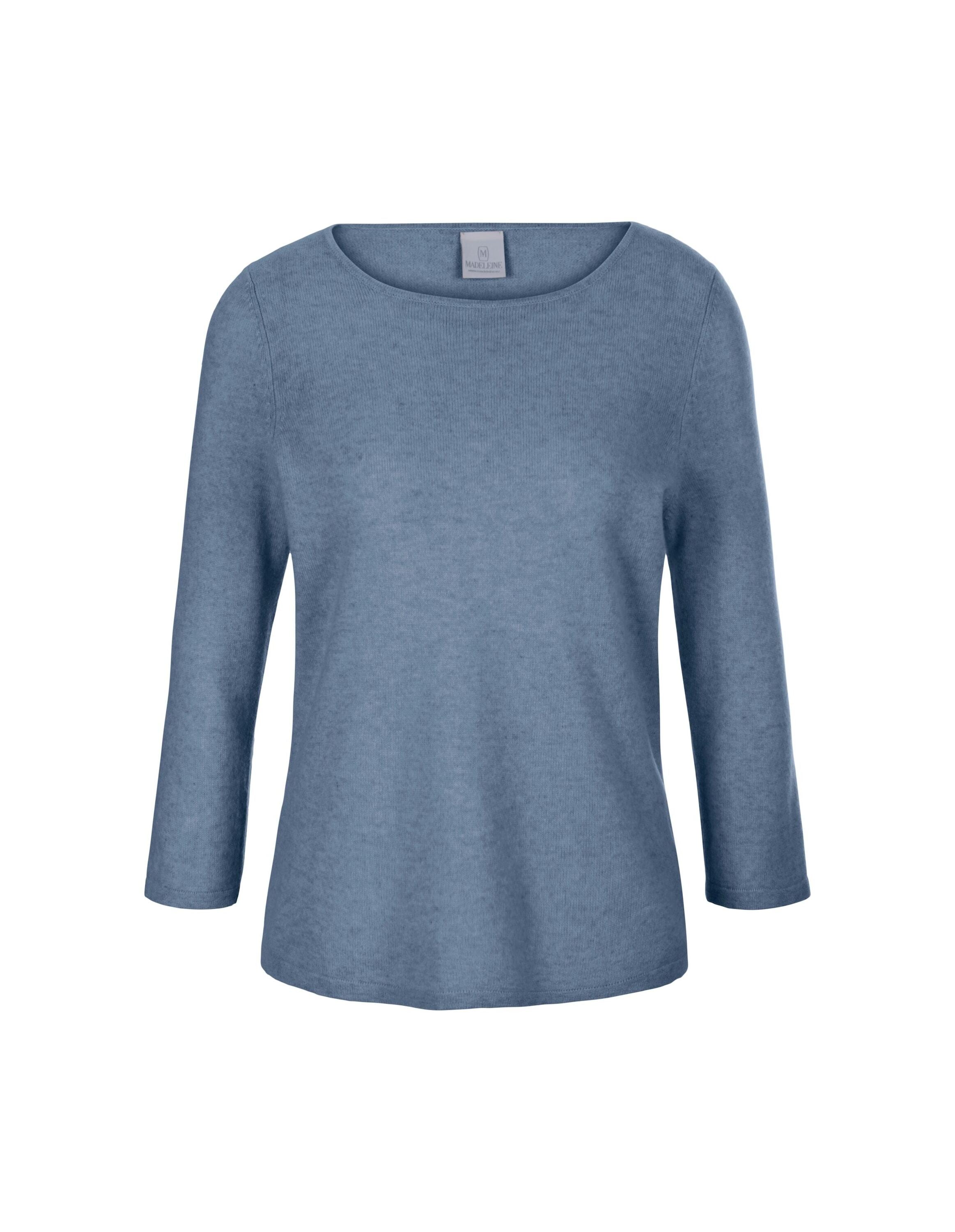 Longpullover MADELEINE "Strickpullover Kaschmirpullover mit U-Boot-Ausschnitt", Damen, Gr. 36/38, blau (rauchblau), Obermaterial: 100% Kaschmir WS., Modern, normal, Pullover Longpullover, Kaschmirpullover mit 3/4 Arm