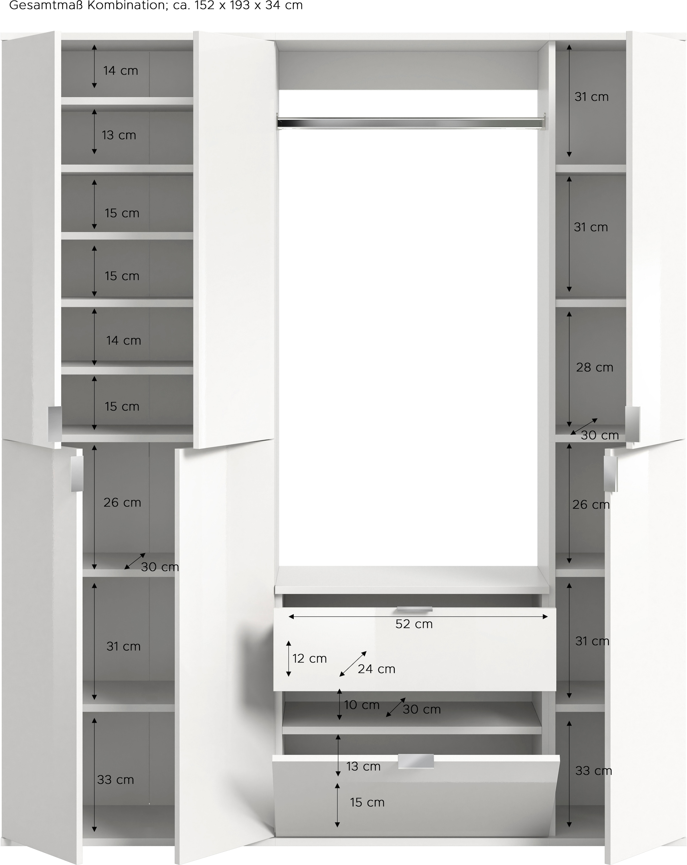 INOSIGN Garderoben-Set »Trondheim, Breite 152 cm, 5-teilig, bestehend aus:«, (Set, 4 St.), 2x Garderobenschrank, 1 Kommode, 1 Garderobenstange, 1 Ablageboden