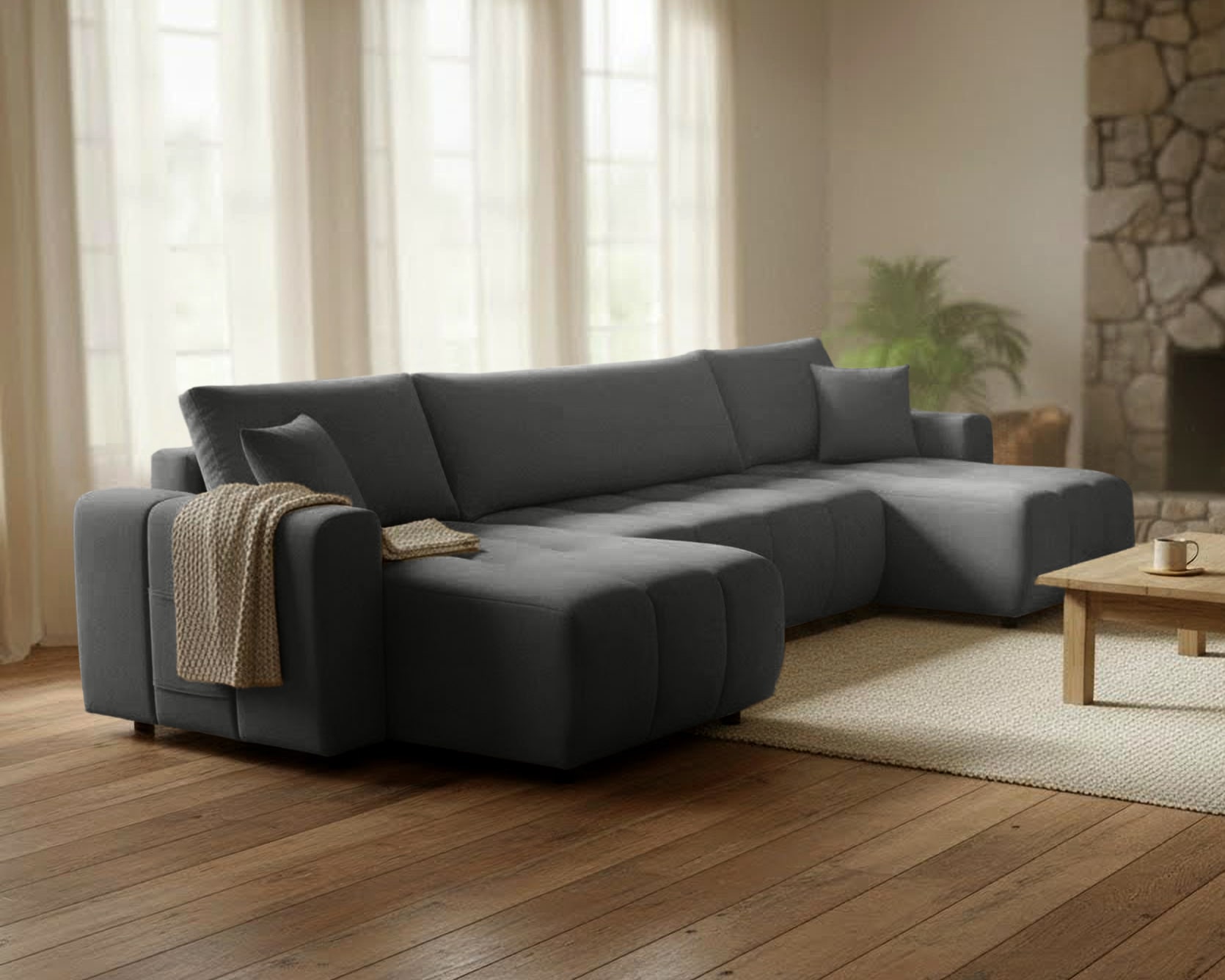 OTTO home Wohnlandschaft »YLVAA U-Form, 311 cm - Schlafsofa« Schlaffunktion (132/269), Boxspring, Bettkasten, Feinstruktur-Bezug