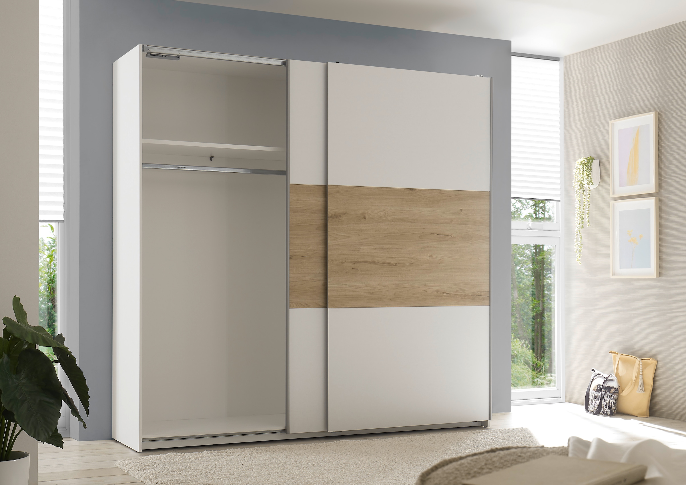 Schlafkontor Schwebetürenschrank »Kiara Kleiderschrank, Schiebetürenschrank, Schrank mit Schiebetüren«, Bauchbinde in farblicher Absetzung