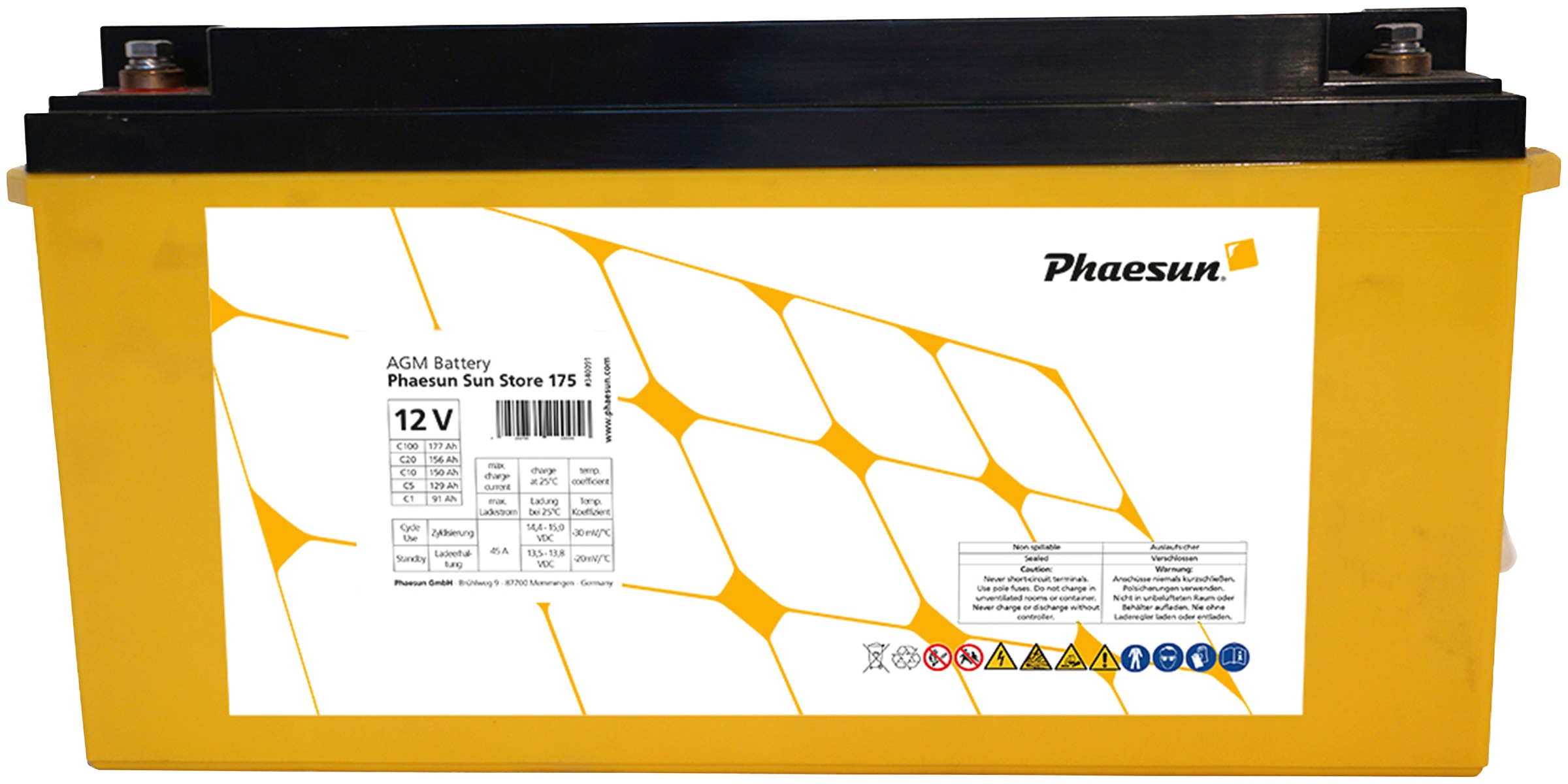PHAESUN Solarakkus "AGM Sun Store 175", 12 V 177.000mAh, gelb, Akkumulatoren