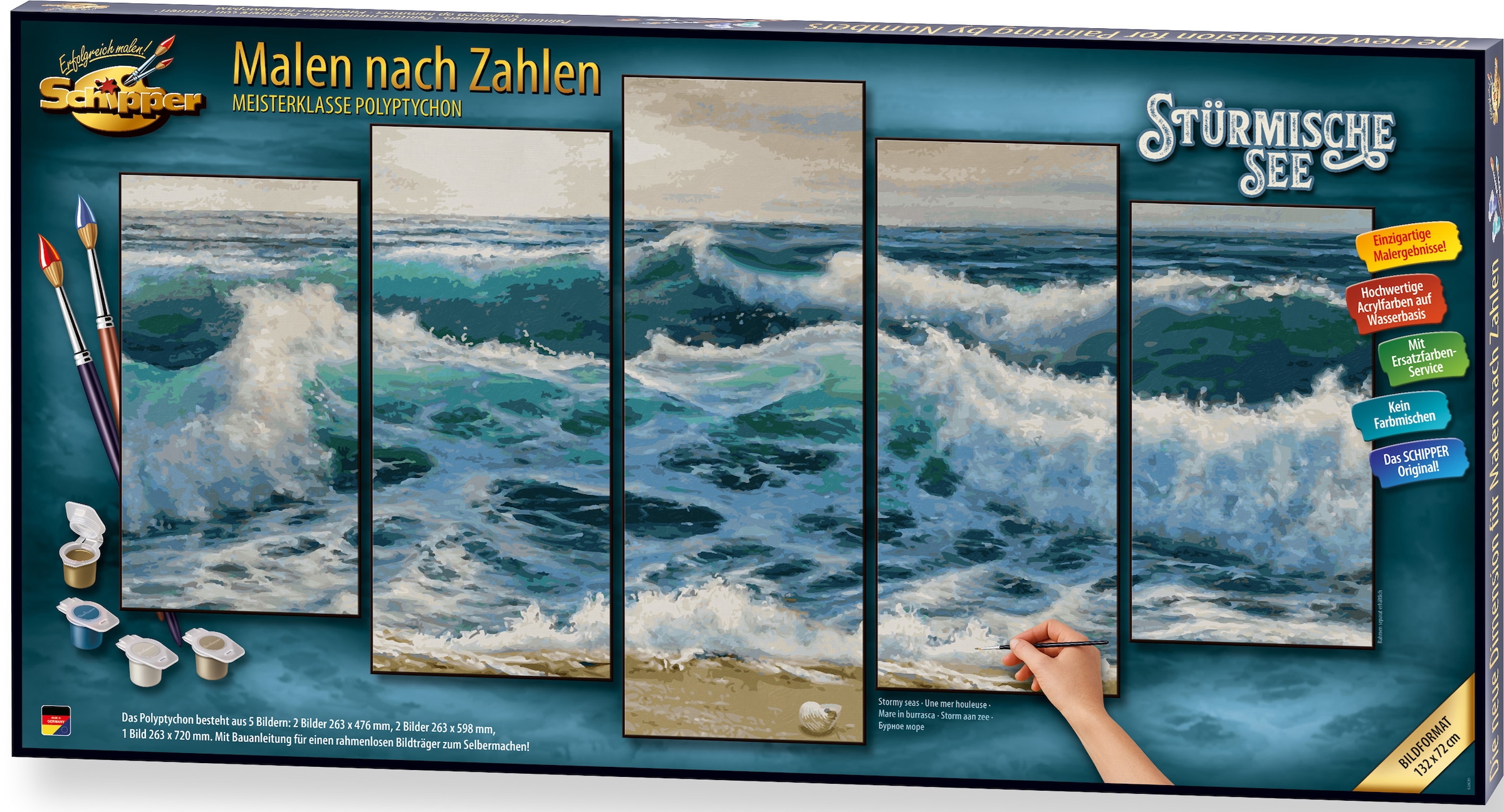 SCHIPPER Kinder Malen nach Zahlen "Meisterklasse Polyptychon - Stürmische See", blau, B:26cm H:48cm, Malvorlagen, Made in Germany