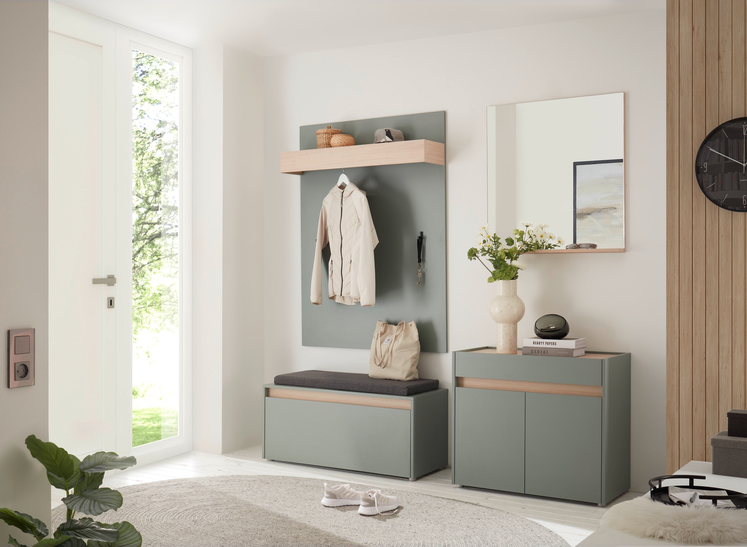 INOSIGN Garderoben-Set »GIRON/CiTY, moderne Garderobe, Komplettset mit viel Stauraum«, (Komplett-Set, 4 St.), enthält Kommode, Spiegel, Paneel & Schuhbank +Sitzkissen, 190 cm breit