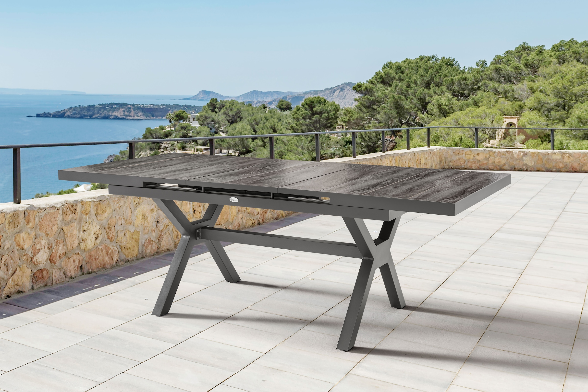 Destiny Garten-Essgruppe »COSTA GARDA«, (Set, 5 tlg., 1 Ausziehtisch, 4 Stapelsessel), (Set 5-tlg., 4 Sessel, 1 Tisch verstellbar 160/210x100x75cm) Aluminium