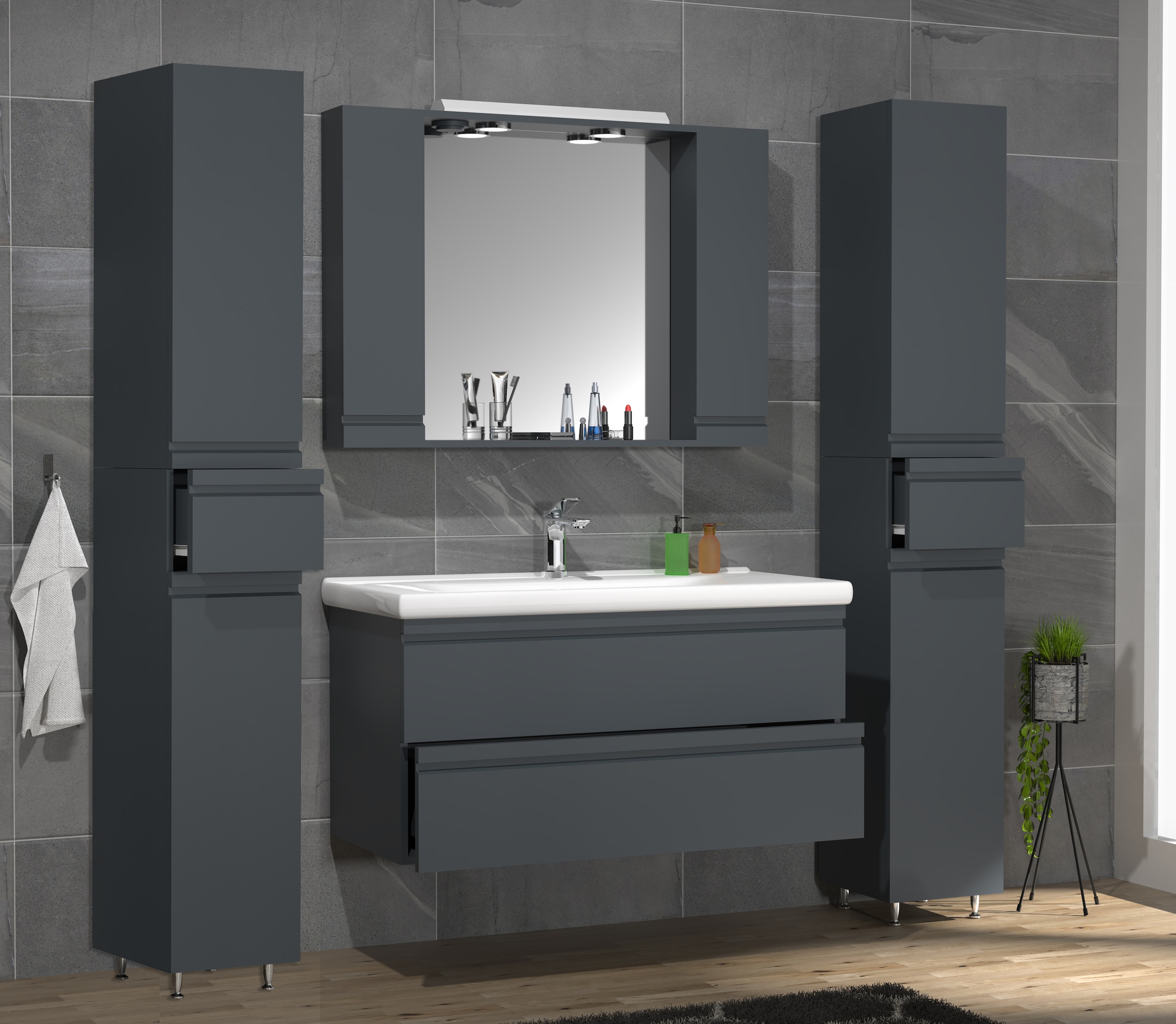 VCM Waschbeckenunterschrank »VCM 5-tlg. Waschplatz Waschtisch 100 cm Badmöbel Set Waschbecken grifflose Schublade Spiegelschrank Hochschrank Silora XL«, (5 St.)