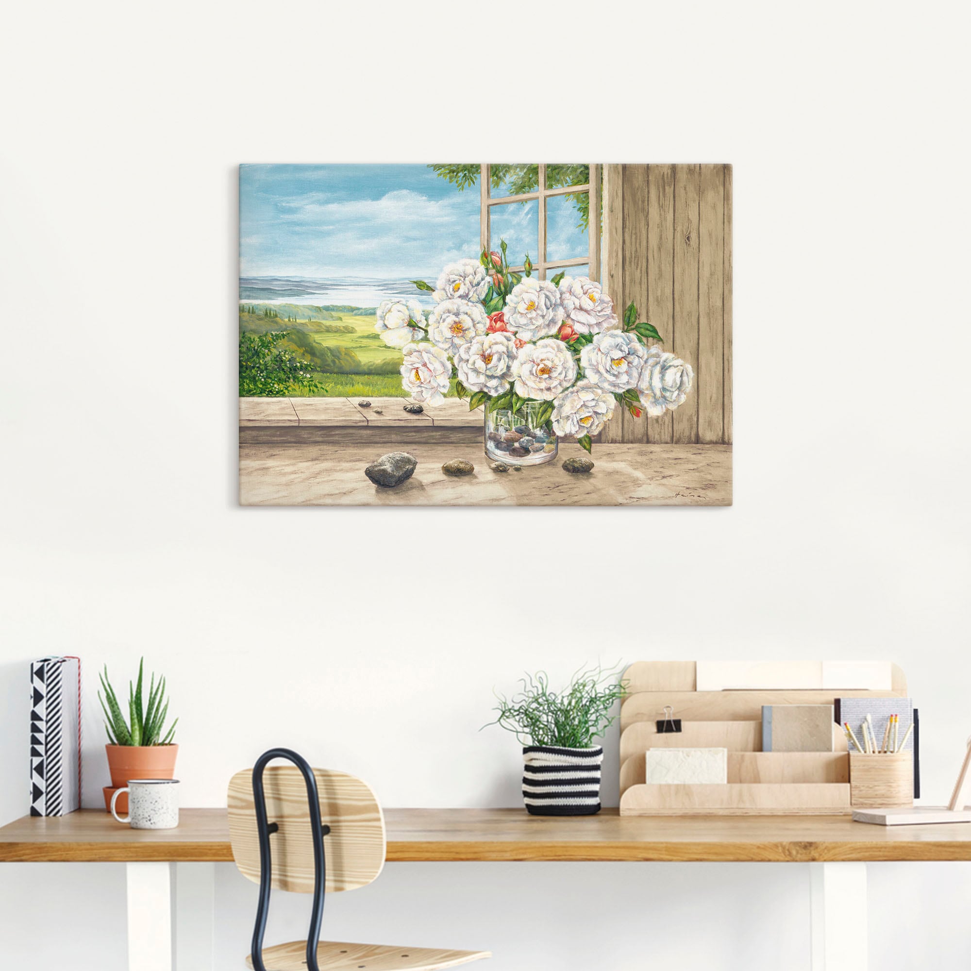 Artland Wandbild »Weiße Rosen am Fenster«, Blumen, (1 St.), als Alubild, Leinwandbild, Wandaufkleber oder Poster in versch. Größen