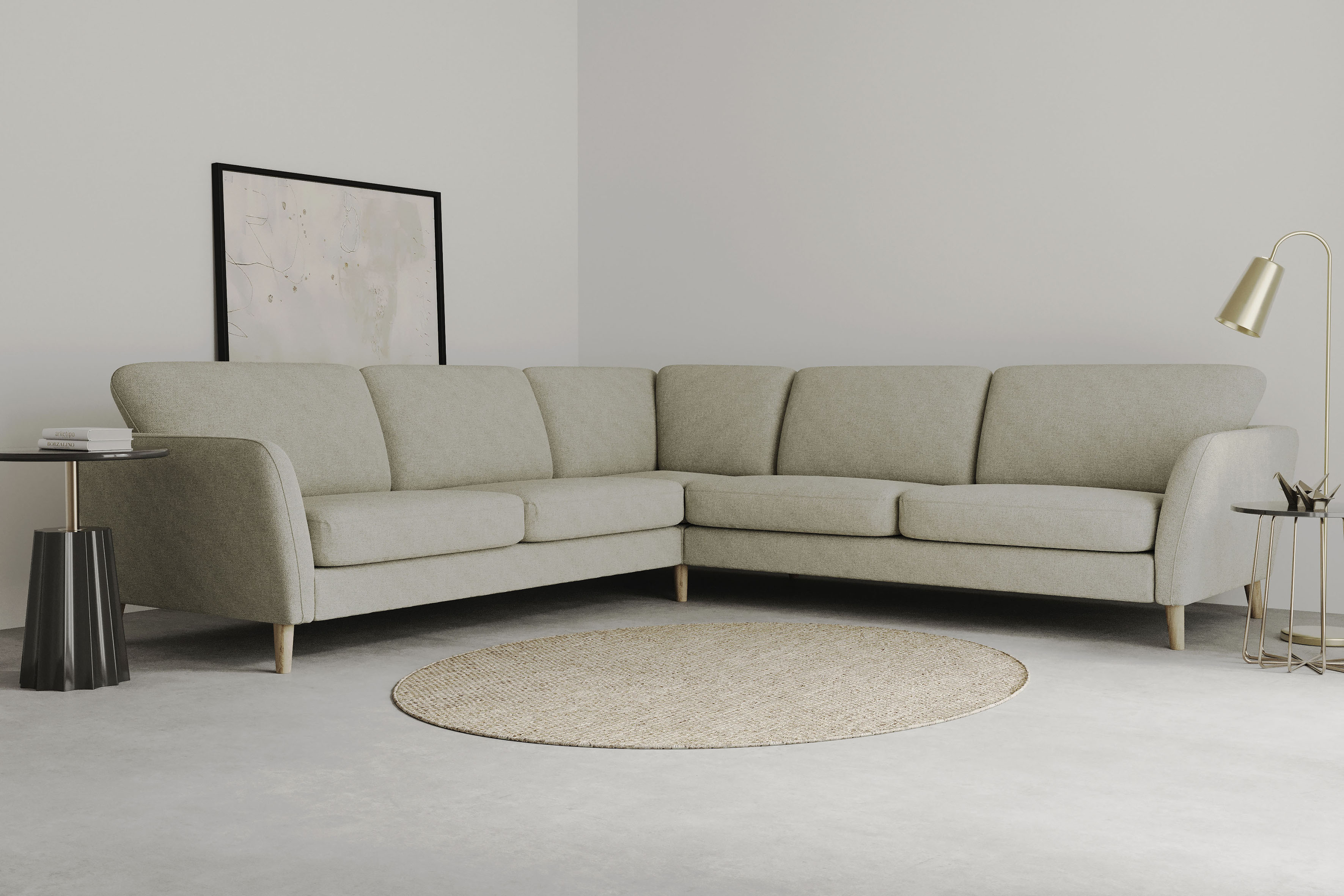 OTTO home Ecksofa "MARSEILLE 278/278 cm, L-Form, Webstoff, Flachgewebe, Filzoptik" gleichschenklig, Massivholzbeine, Landhausstil, Wellenunterfederung