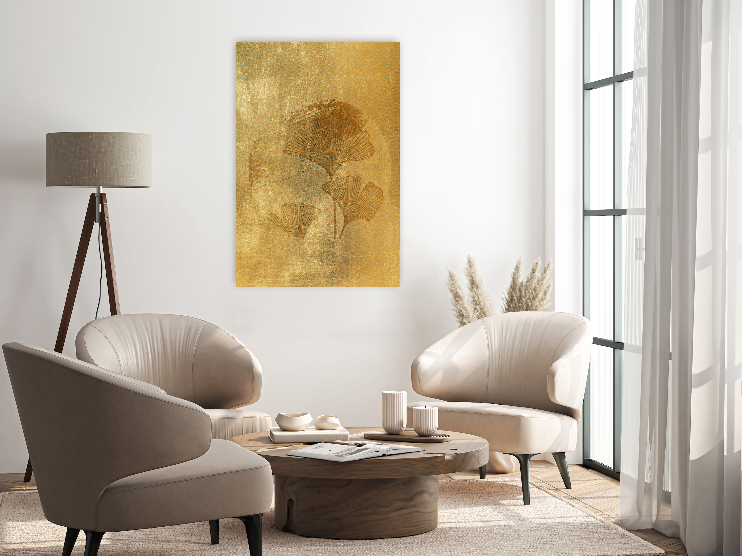 queence Leinwandbild »Ginkgo in Gold Abstrakte Kunst, Canvas Bild von Hand bespannt« 1 Stk. tlg. Zeitlose Ginkgo-Motive in hellen Farben