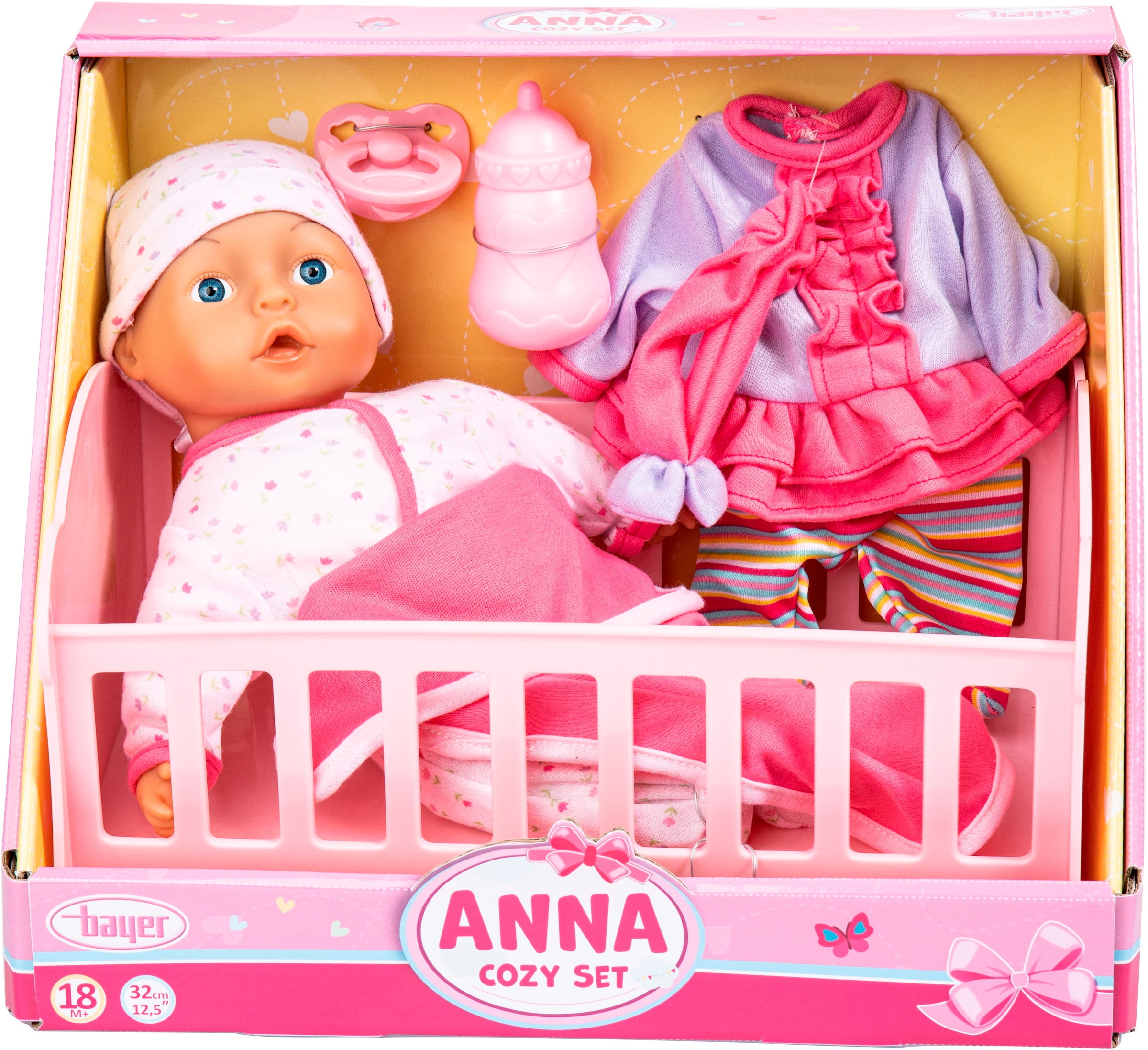 Bayer Babypuppe »Anna Cozy«, (Set, 10 tlg.), mit Wiege und Zubehör