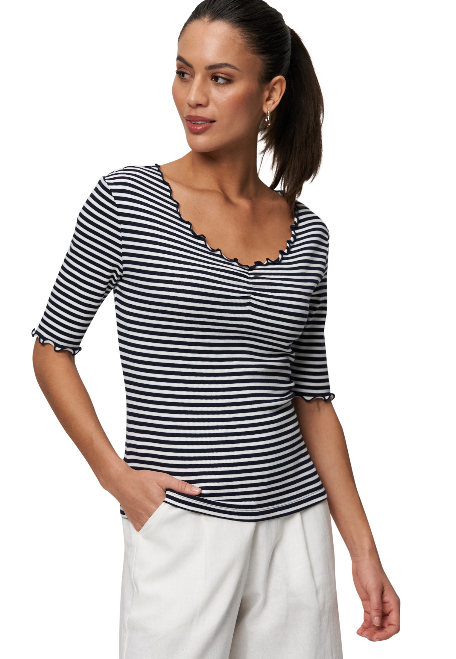 Zero 3/4-Arm-Shirt "zero Damen Streifenshirt mit Ringelsaum", (1 tlg.), wei günstig online kaufen