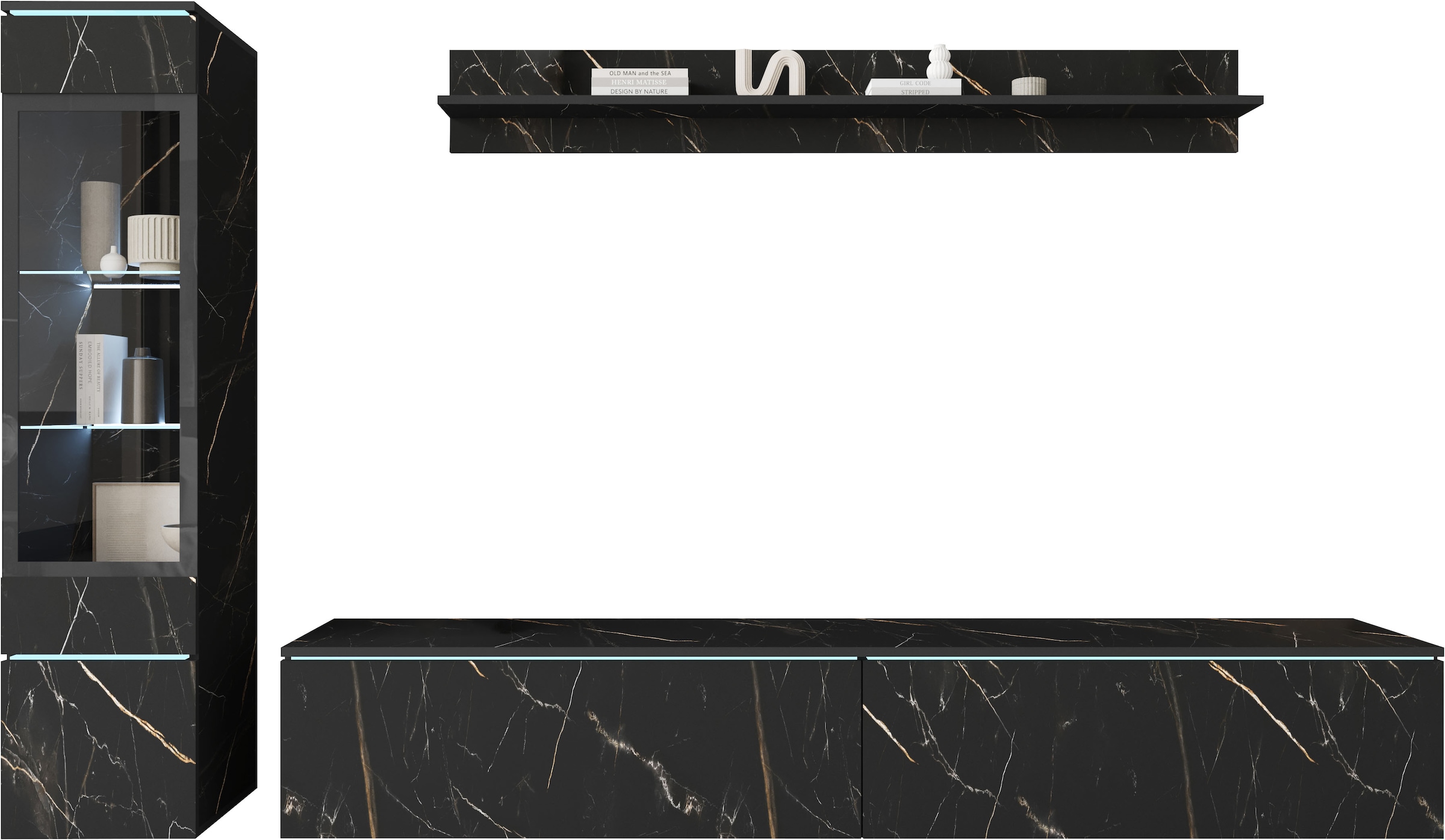 INOSIGN Wohnwand »VERA I, Vitrinen Türanschlag links/rechts wechselbar«, (Komplett-Set, 3 St.), Mediawand 230 cm, Vitrine mit Verglasung, stehend und hängend