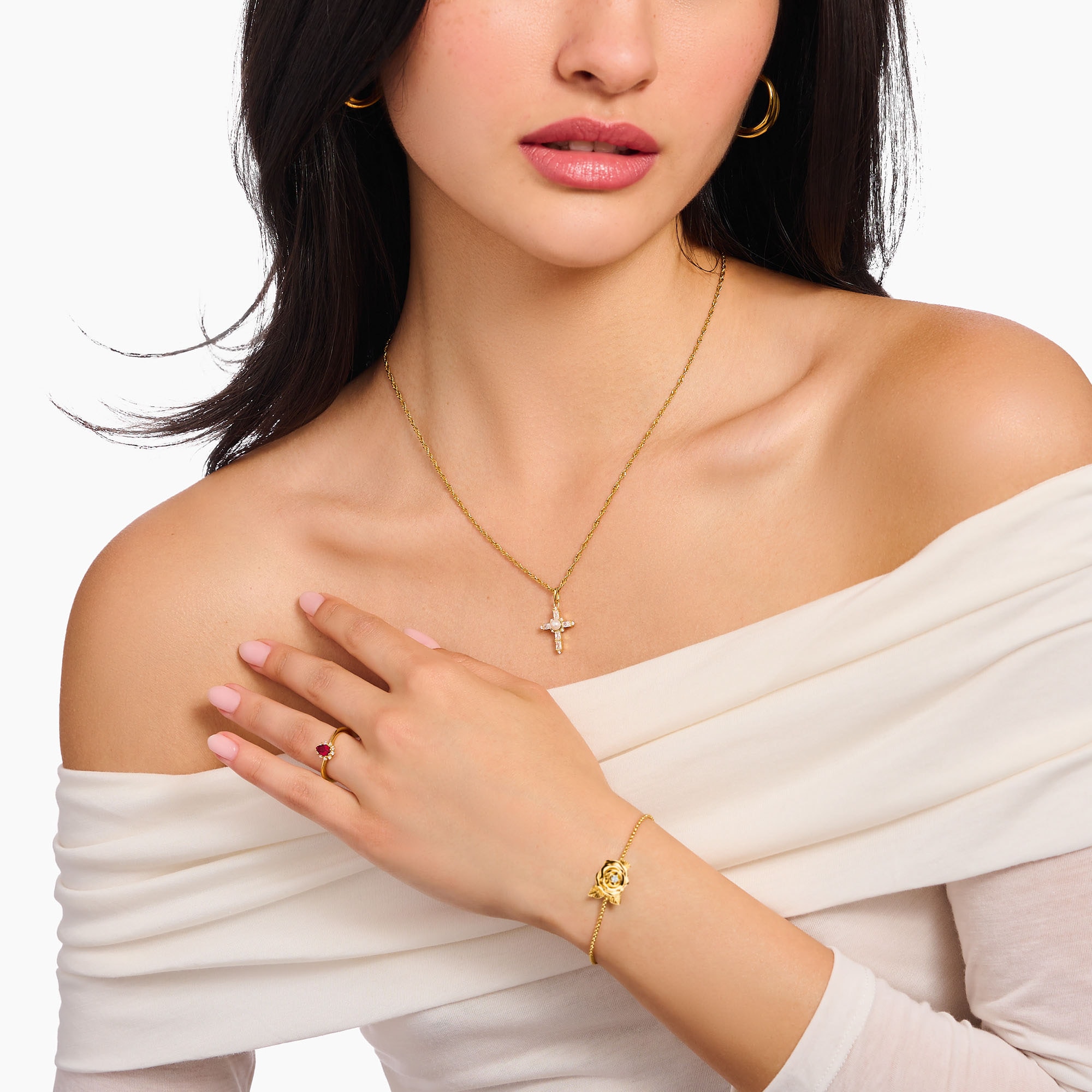 THOMAS SABO Kette mit Anhänger »Cross Romance, KE2296-167-11-L45V, -14-L45V, KE2296-445-14-L45V«, mit Zirkonia (synth.) - mit Süßwasserzuchtperle