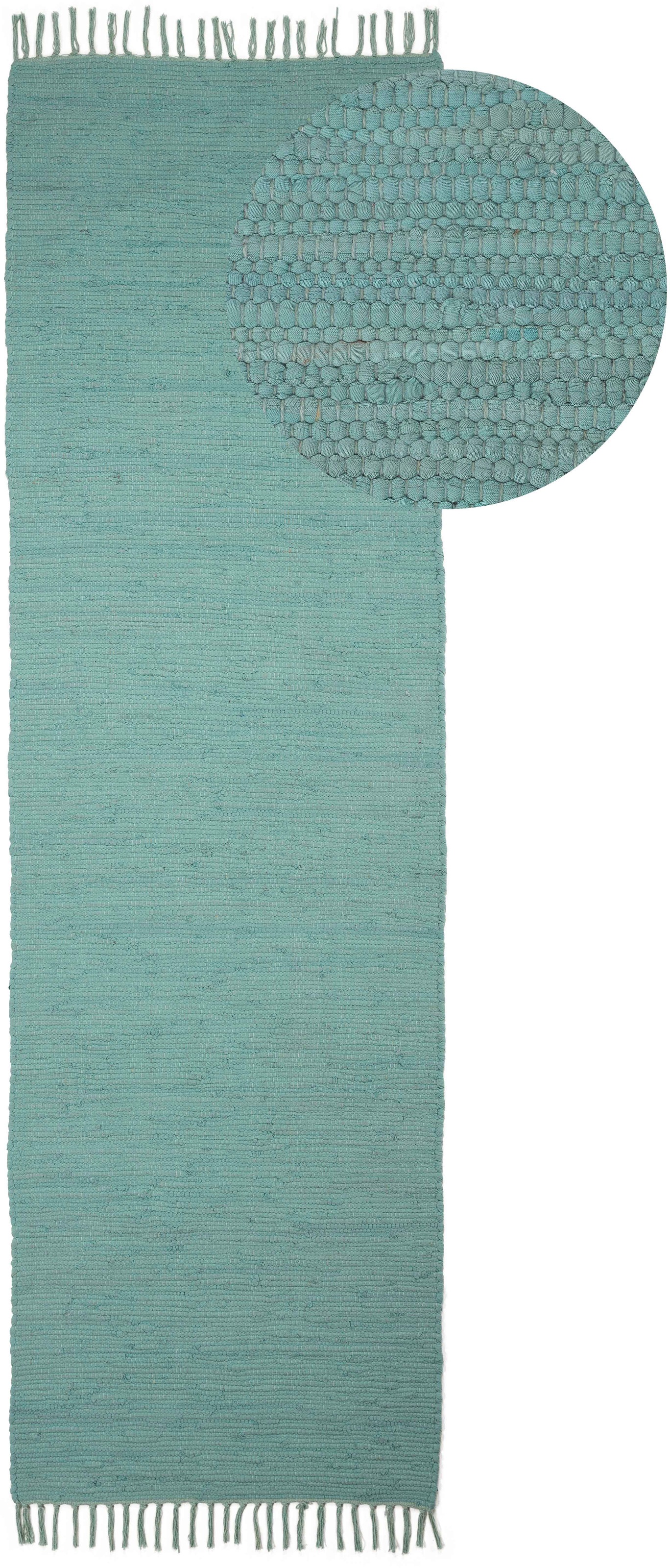Teppich OTTO HOME "Handweb Uni, Wendeteppich", blau (türkis), B:80cm H:5mm L:400cm, Baumwolle, Teppiche, Teppich, Fleckerlteppich, reine Baumwolle, handgewebt, Uni, mit Fransen