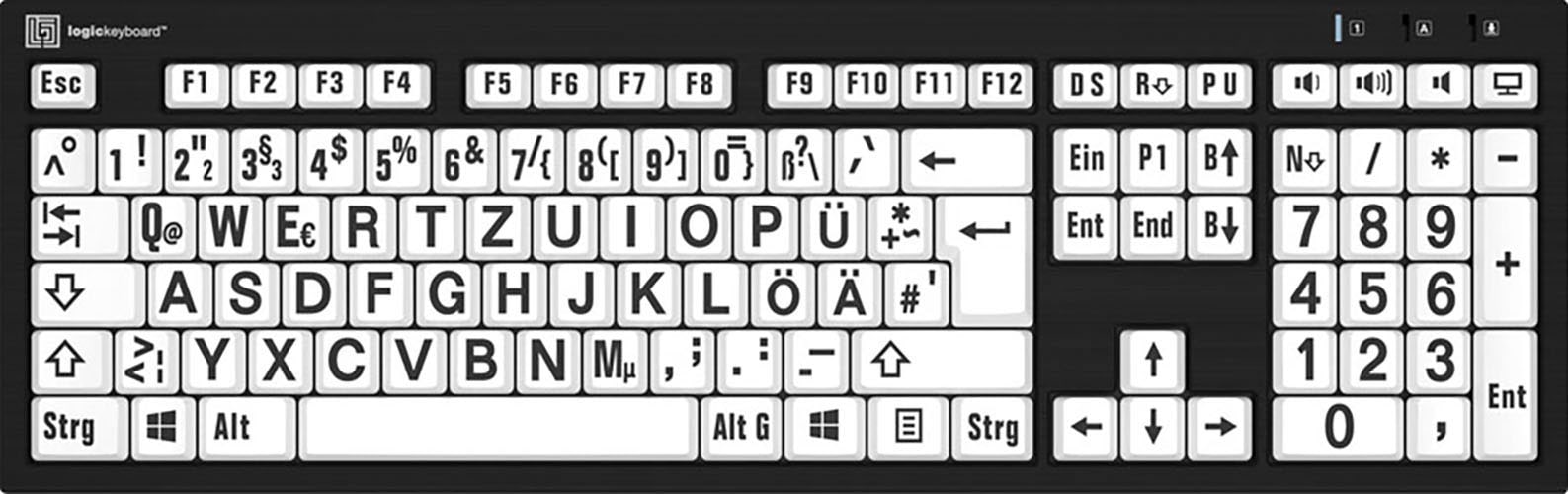 Slimline-Tastatur »XL-Print Black on White DE (PC/Nero)«, (Ziffernblock-USB-Hub)