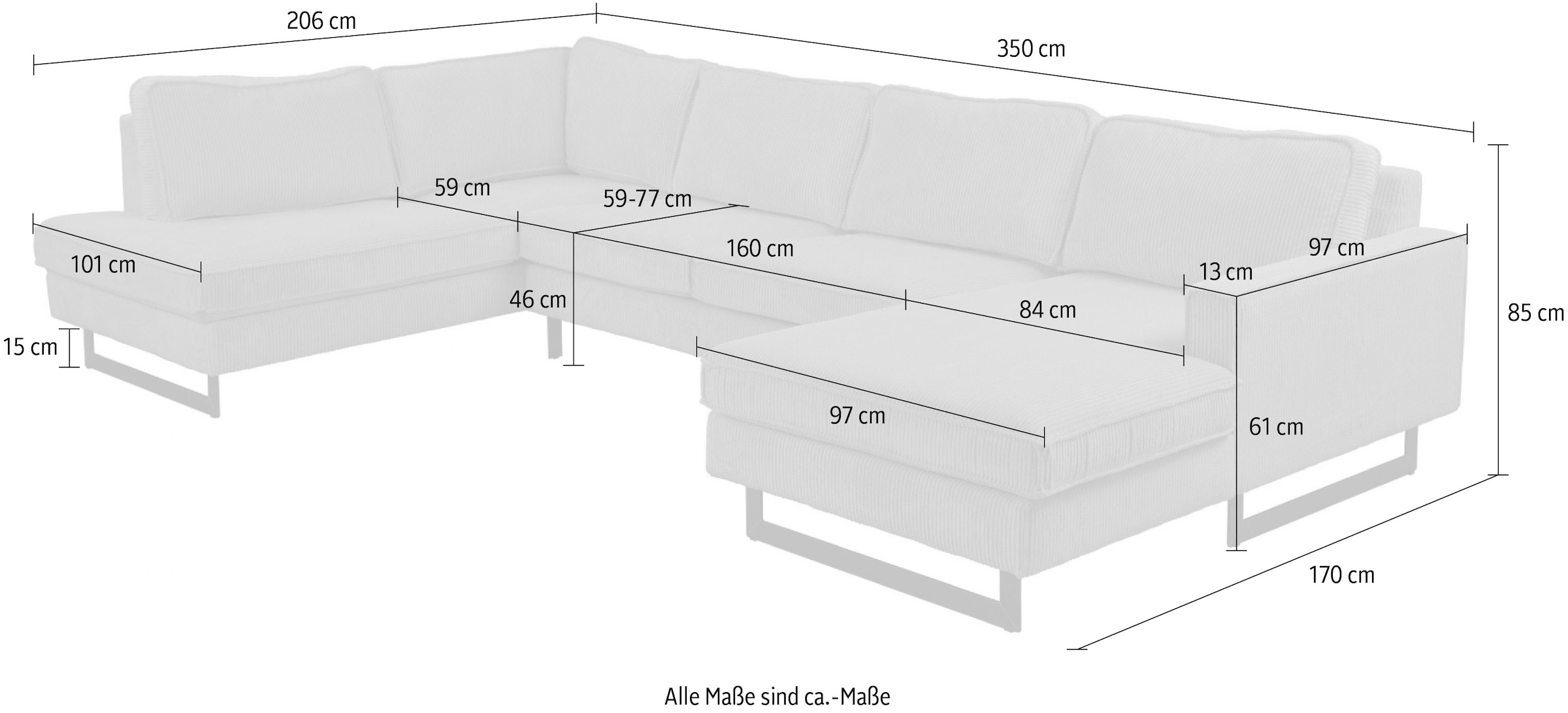 Home affaire Wohnlandschaft »Pinto, 350 cm, U-Form, XXL, mit Ottomanen« Cord, Chenille, Lederoptik, mit Keder, Metallfüße, Wellenunterfederung
