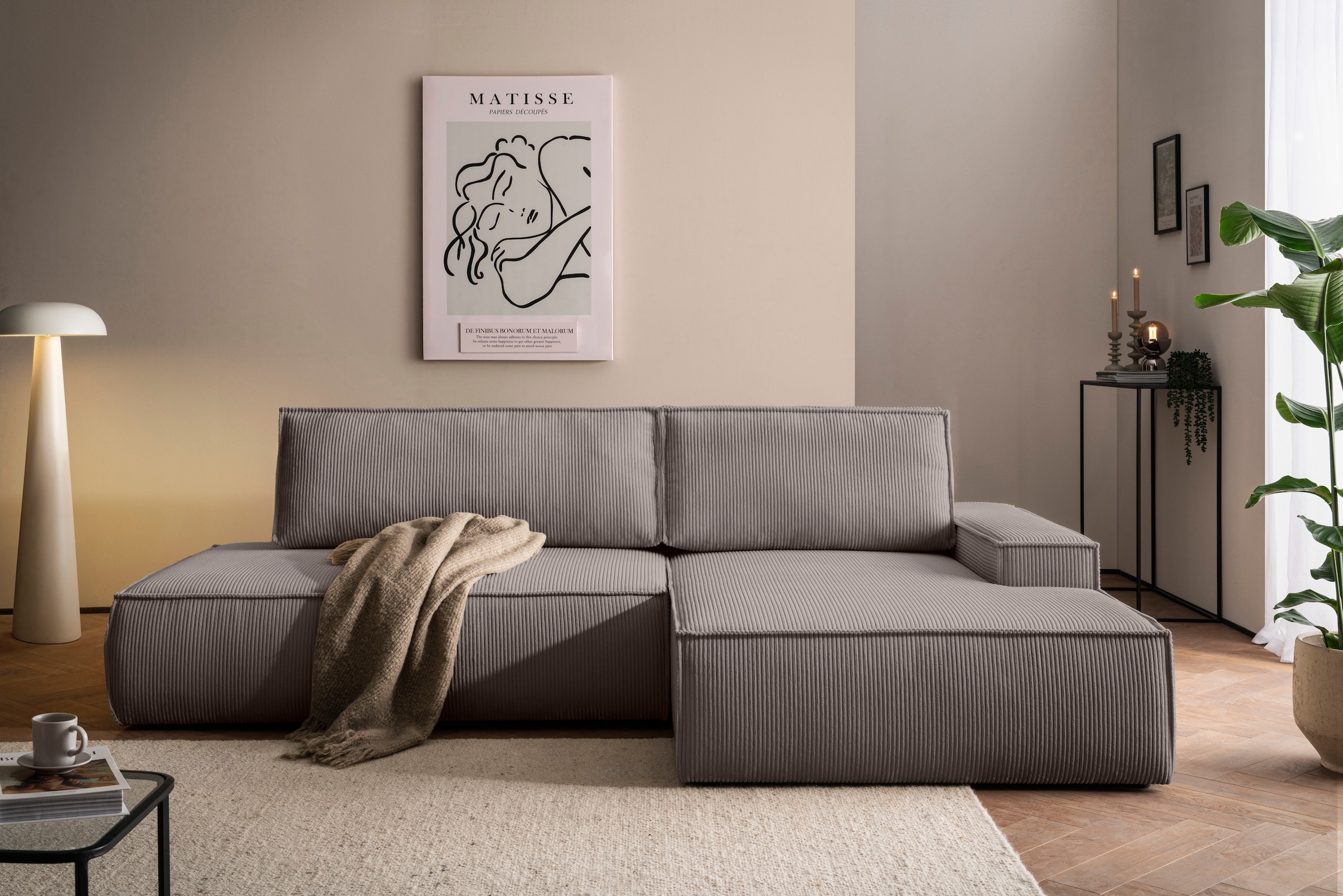 Home affaire Ecksofa »SHERWOOD, Schlafsofa in L-Form offen (275cm), Cord, Leinenoptik«, Schlaffunktion und Bettkasten, Kedernaht, hoher Sitz- & Liegekomfort