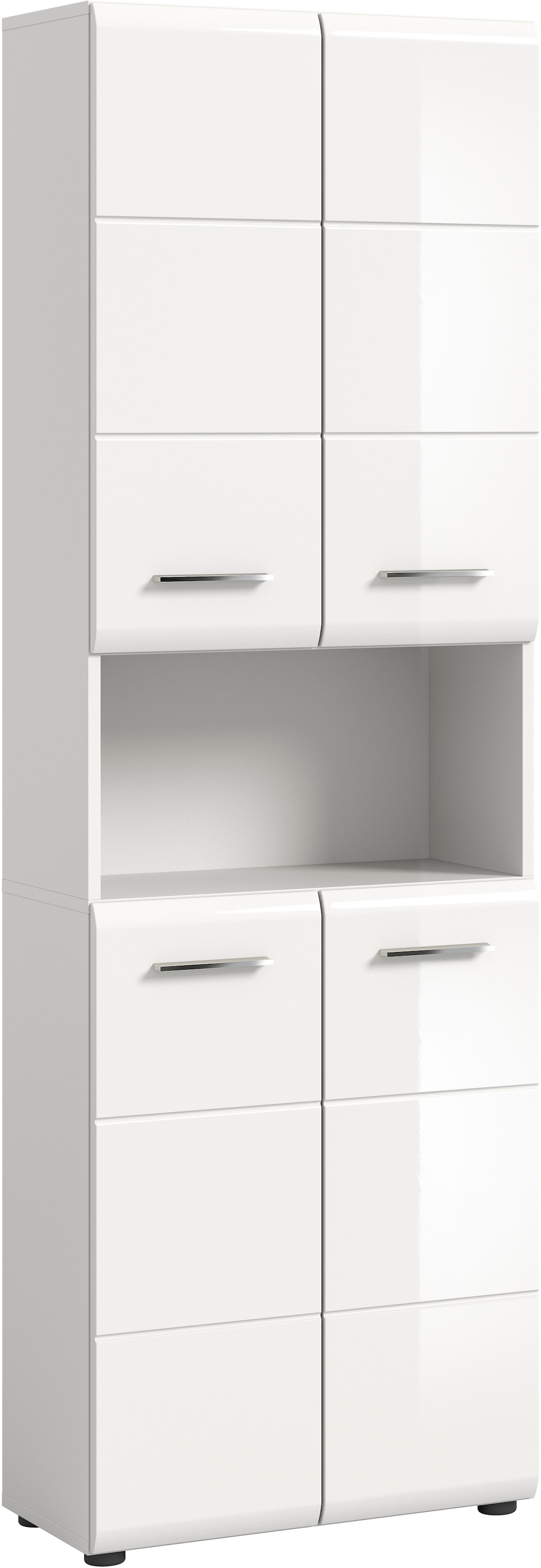 INOSIGN Hochschrank »Florenz, Höhe 185 cm, 4 Türen, 4 Einlegeböden, 1 offenes Fach«, hochwertige MDF Front, Griff chromglänzend, Badschrank, Bad