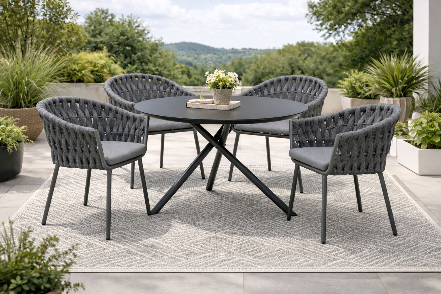 Destiny Garten-Essgruppe "MOLINO BARLETTA 4 Se + Tisch Ø110cm, anthrazit" Set, Aluminium, Rope, HPL