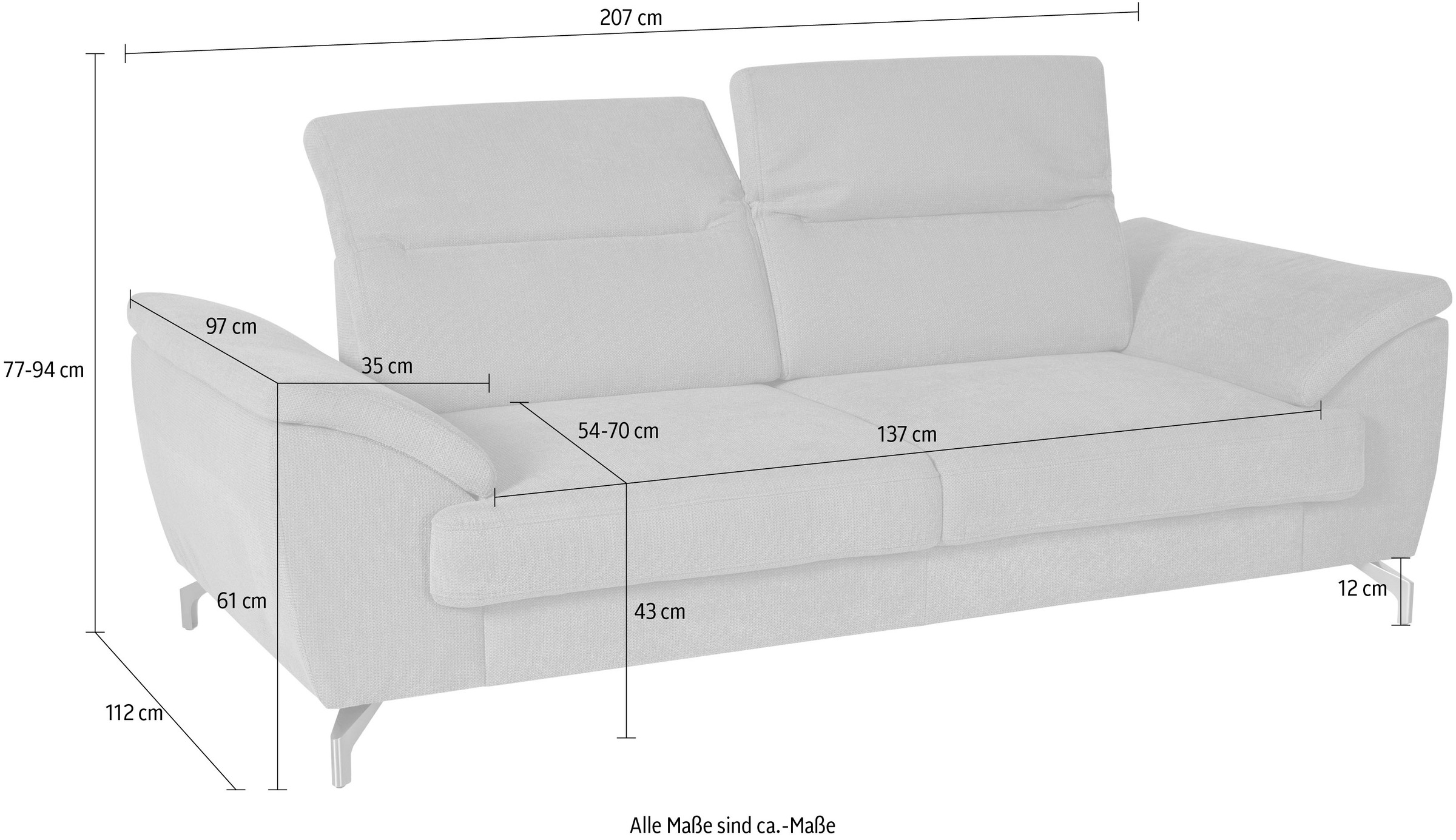 sit&more 2,5-Sitzer »Percy«, 12 cm Fußhöhe, Sitztiefenverstellung, wahlweise Kopfteilverstellung