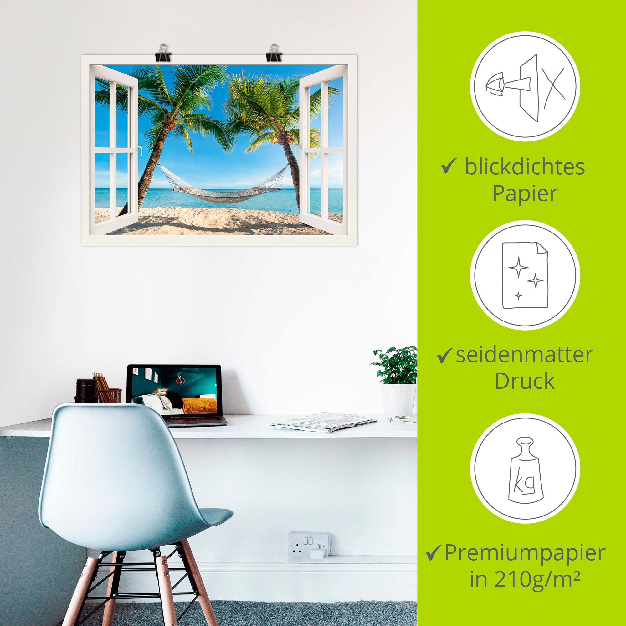Artland Wandbild »Fensterblick Palmenstrand Karibik« Amerika 1 Stk. tlg. als Alubild, Poster in verschied. Größen
