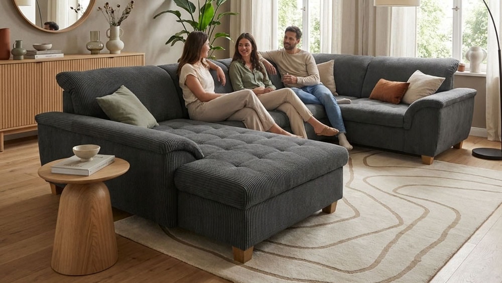 OTTO home Wohnlandschaft "Eggery 352 x 214 cm, auch mit Schlaffunktion & Bettkasten, Holzfüße" Kopfteile verstellbar, U-Form, aus Pet Friendly Cord