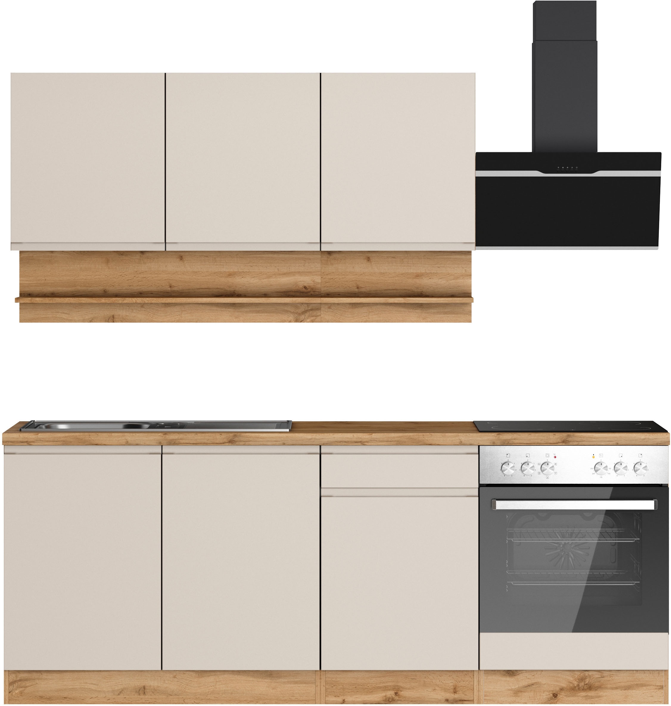 KOCHSTATION Küchenzeile "KS-Virginia,neu in verbesserter Ausführung" Arbeitsplatte 38 mm stark, Stauraum, Softclose, Breite 210 cm,Soft-Close,wahlweise mit E-Geräten