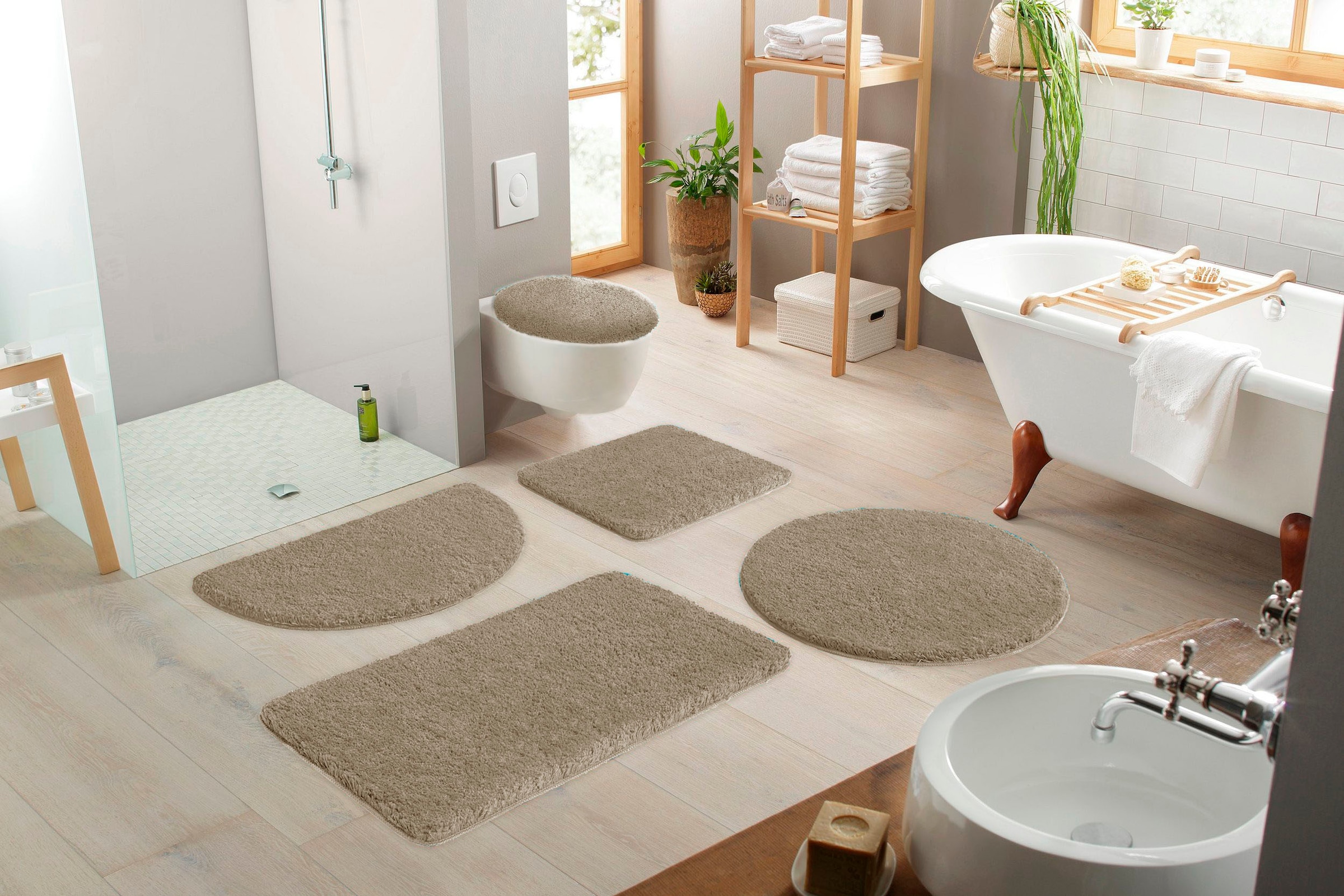 my home Badematte »Sanremo, Badvorleger, Badezimmer Teppich, sehr weich«, rutschhemmend beschichtet, fußbodenheizungsgeeignet-schnell trocknend, Badteppich, unifarben, rechteckig, rund & als 3-tlg. Set erhältlich