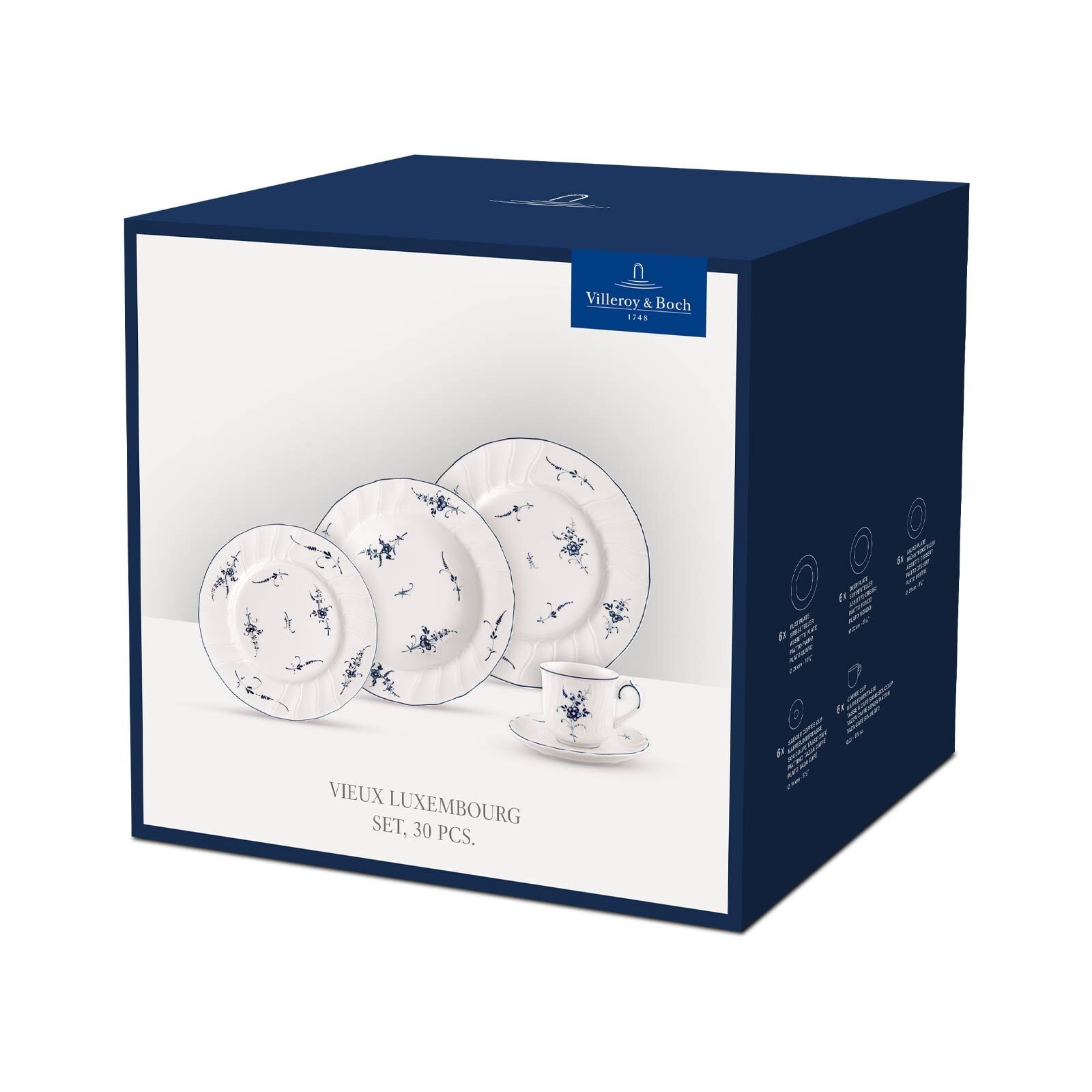 Villeroy & Boch Geschirr-Set »Kombiservice Vieux Luxembourg 30er Set weiß-blau« Spülmaschinengeeignet, Mikrowellengeeignet