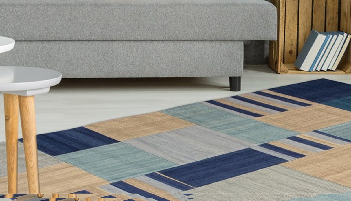 Teppich KAYOOM "Radical 315", blau (blau, multi), B:160cm H:15mm L:230cm, Wolle, Teppiche, Teppich, Handgewebter Jacquard Kilim, hochwertige Materialmischung.