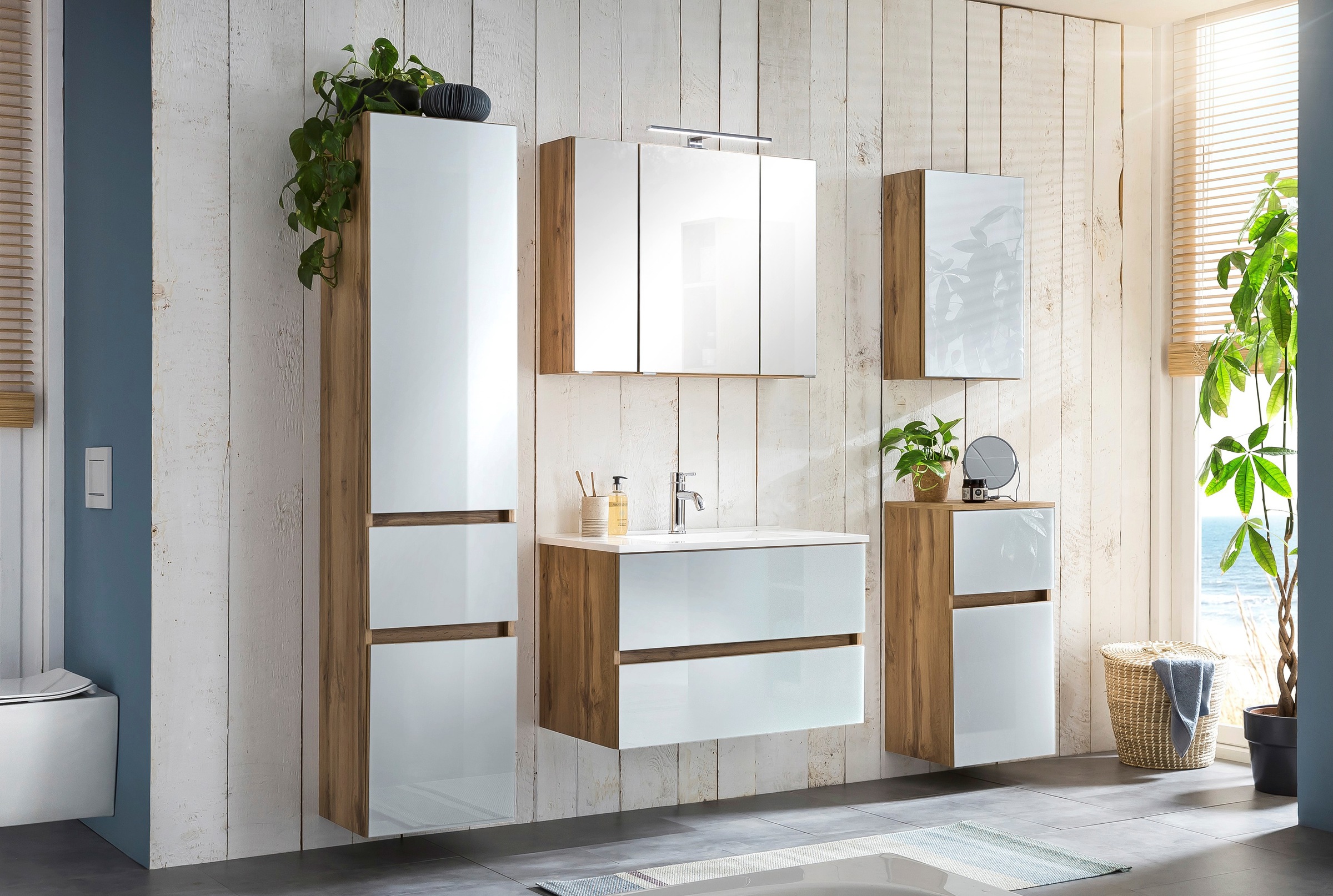 welltime Badezimmer-Set »Horki«, (Set, 5 St.), bestehend aus Waschtisch-Set mit Seitenschrank, Breite 160 cm