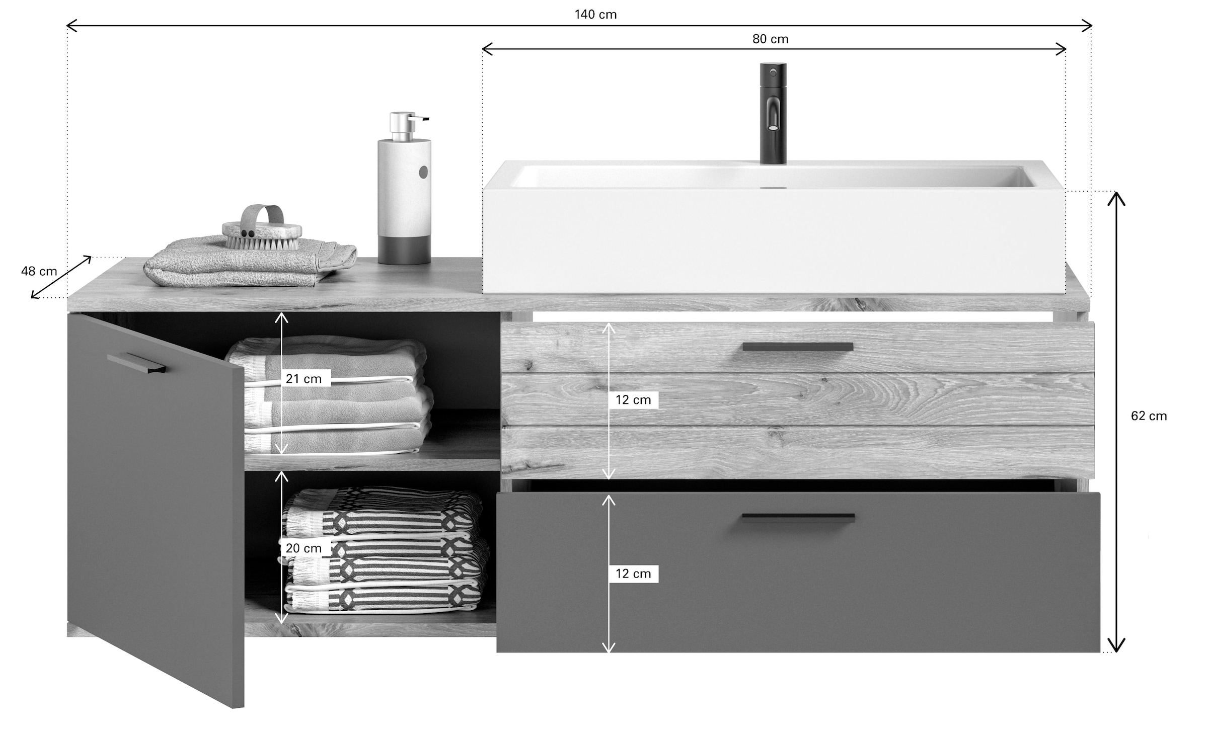 INOSIGN Waschtisch-Set »Riga, Breite 140 cm, inkl. Aufsatzwaschbecken, 2 Schubkästen, 1 Tür«, (Set, 1 St.), Hängeschrank, Unterschrank, Badmöbel, Badschrank, Schrank, Bad