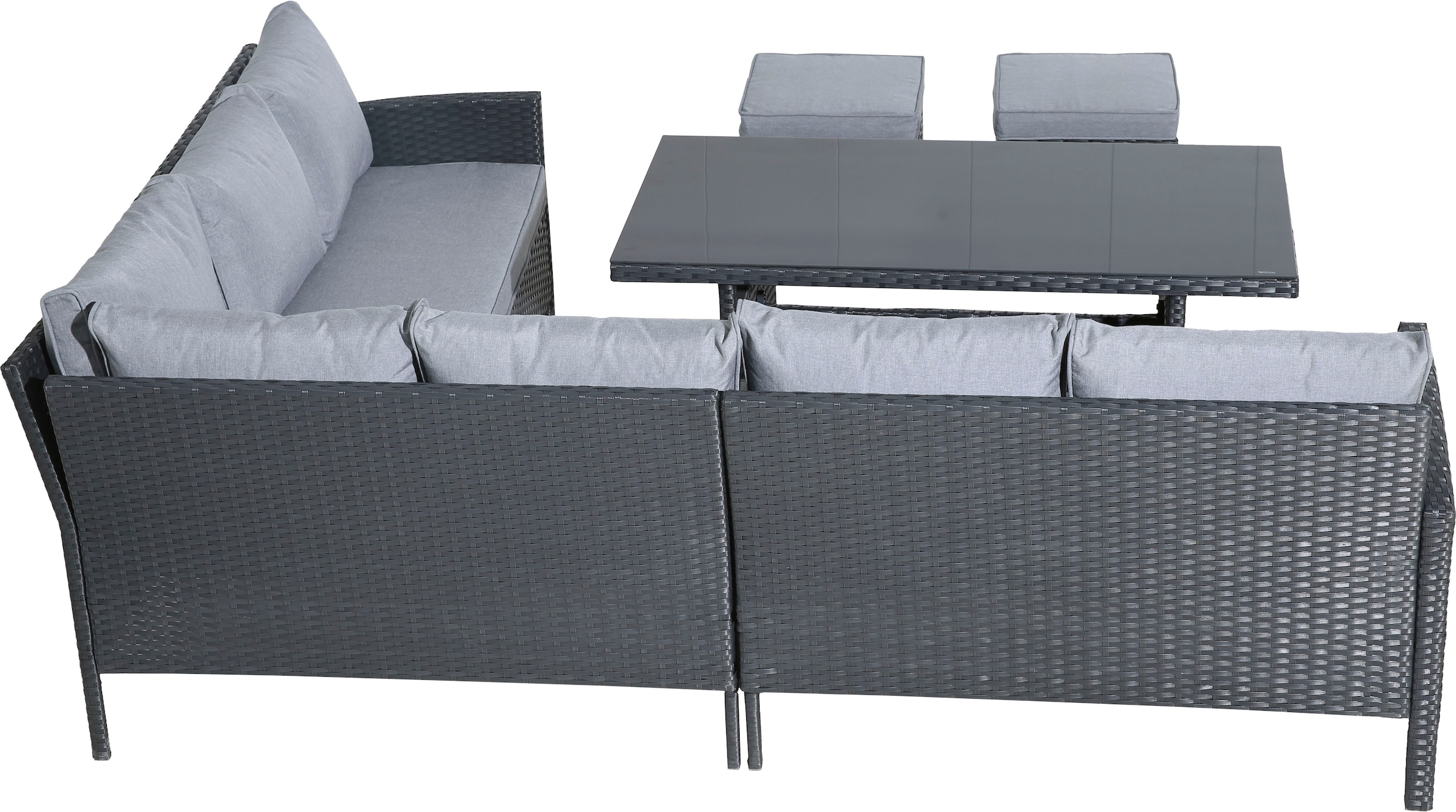 KONIFERA Gartenlounge-Set »»Manhattan««, (Set, 18 tlg., Ecklounge, Tisch 66x120x74 cm, 2 Hocker, inkl. Auflagen), Stahl/Polyrattan