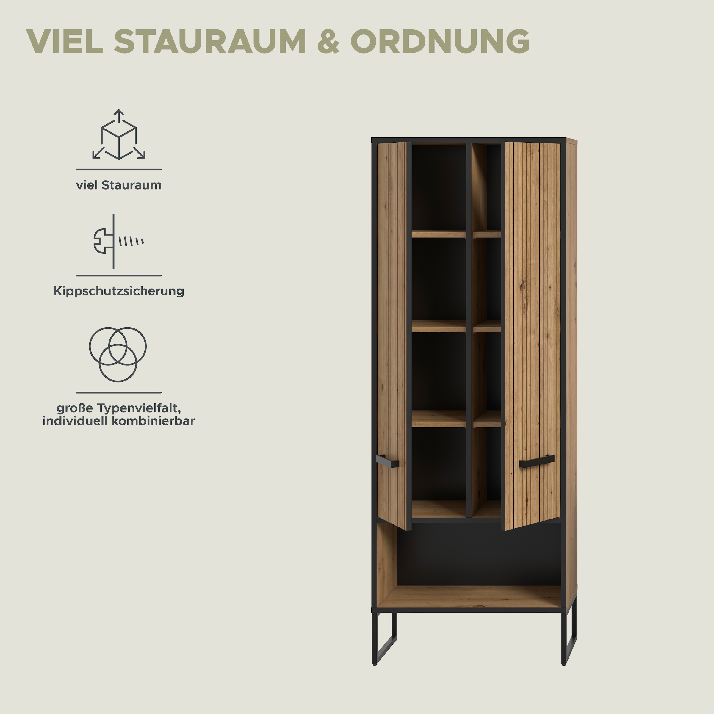 welltime Hochschrank »LOCRI, Höhe 159 cm, 2 Türen, 6 Einlegeböden, 1 offenes Fach« industrial Look mit Rillenoptik & Metall Kufen, 1 Stk. tlg. variable Einlegeböden, modernes Design, Badschrank, Bad