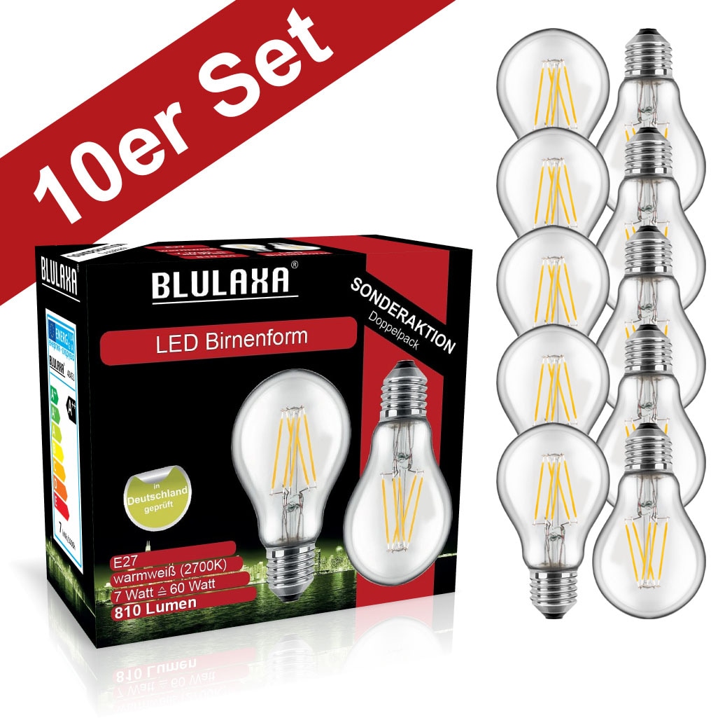 BLULAXA LED-Filament »Retro Multi«, E27, 10 St., Warmweiß, 10er-Set, Promotion-Pack Birnenform, Filament, klar