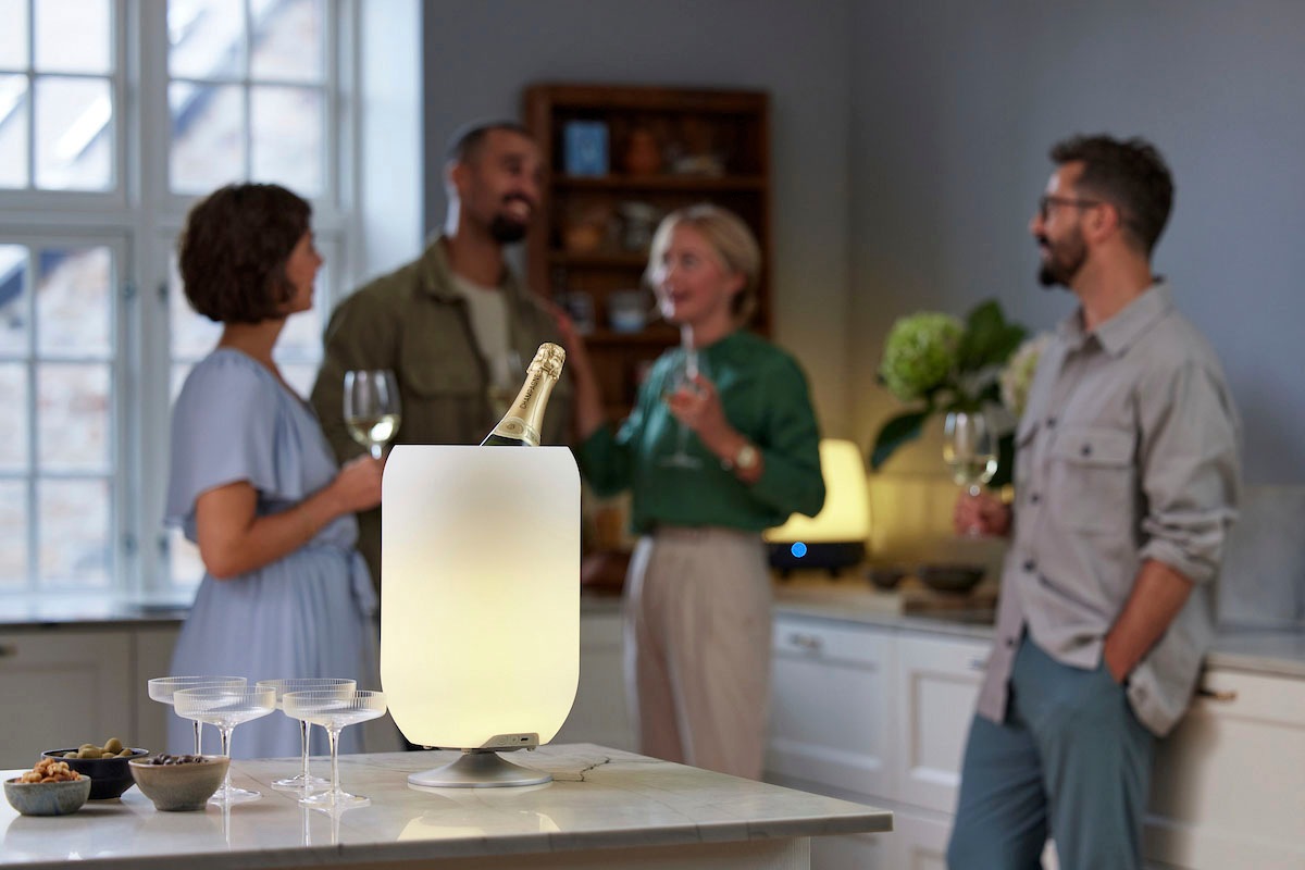 kooduu LED Tischleuchte »Atmos«, 1 flammig, Leuchtmittel LED-Board | LED fest integriert, Sekt-/Getränkekühler, Bluetooth Lautsprecher, koppelbar, TWS-Stereo