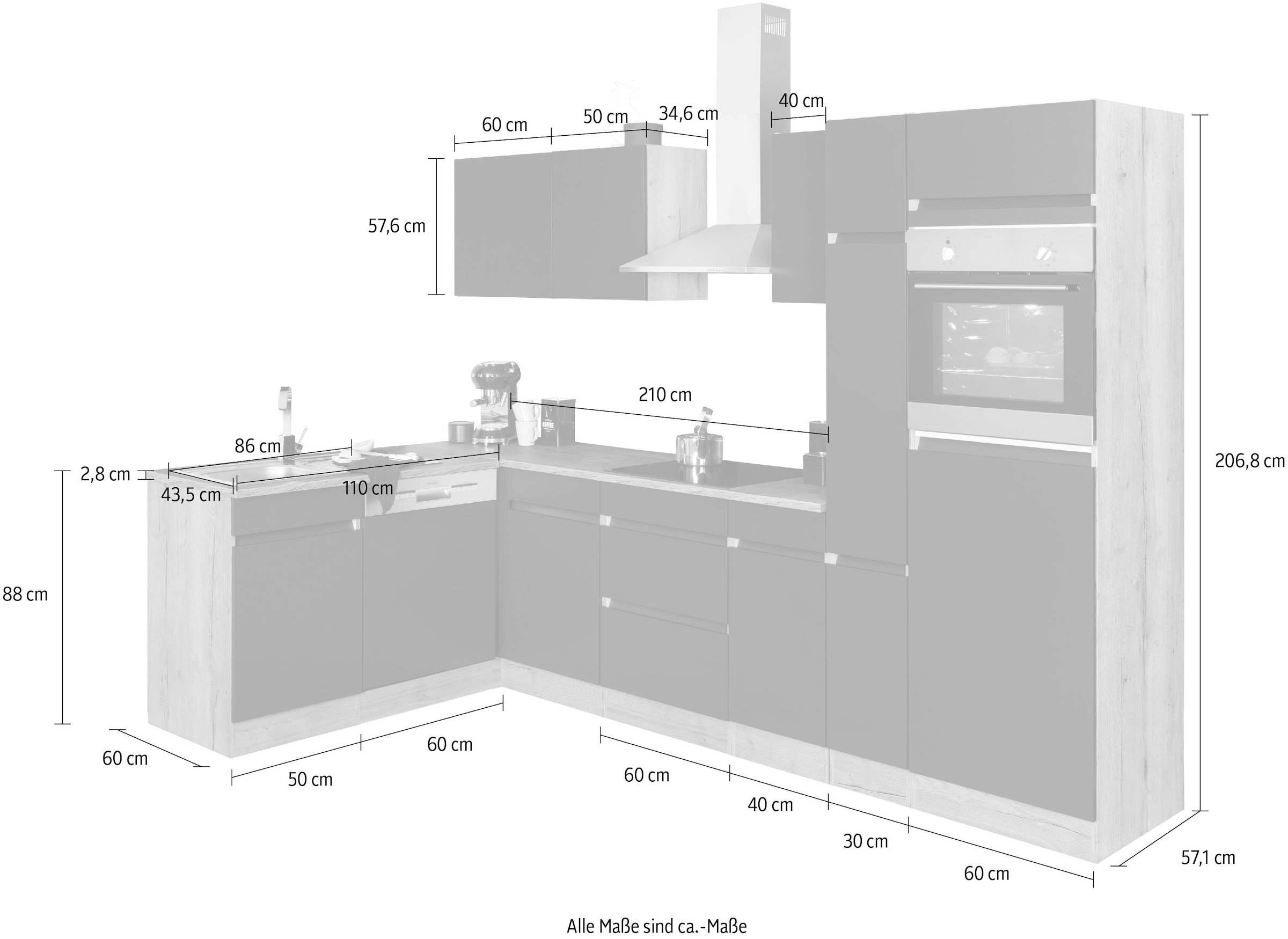 OPTIFIT Winkelküche »Roth«, Stellmaße 300x175 cm, wahlweise mit E-Geräten, mit Apothekerschrank