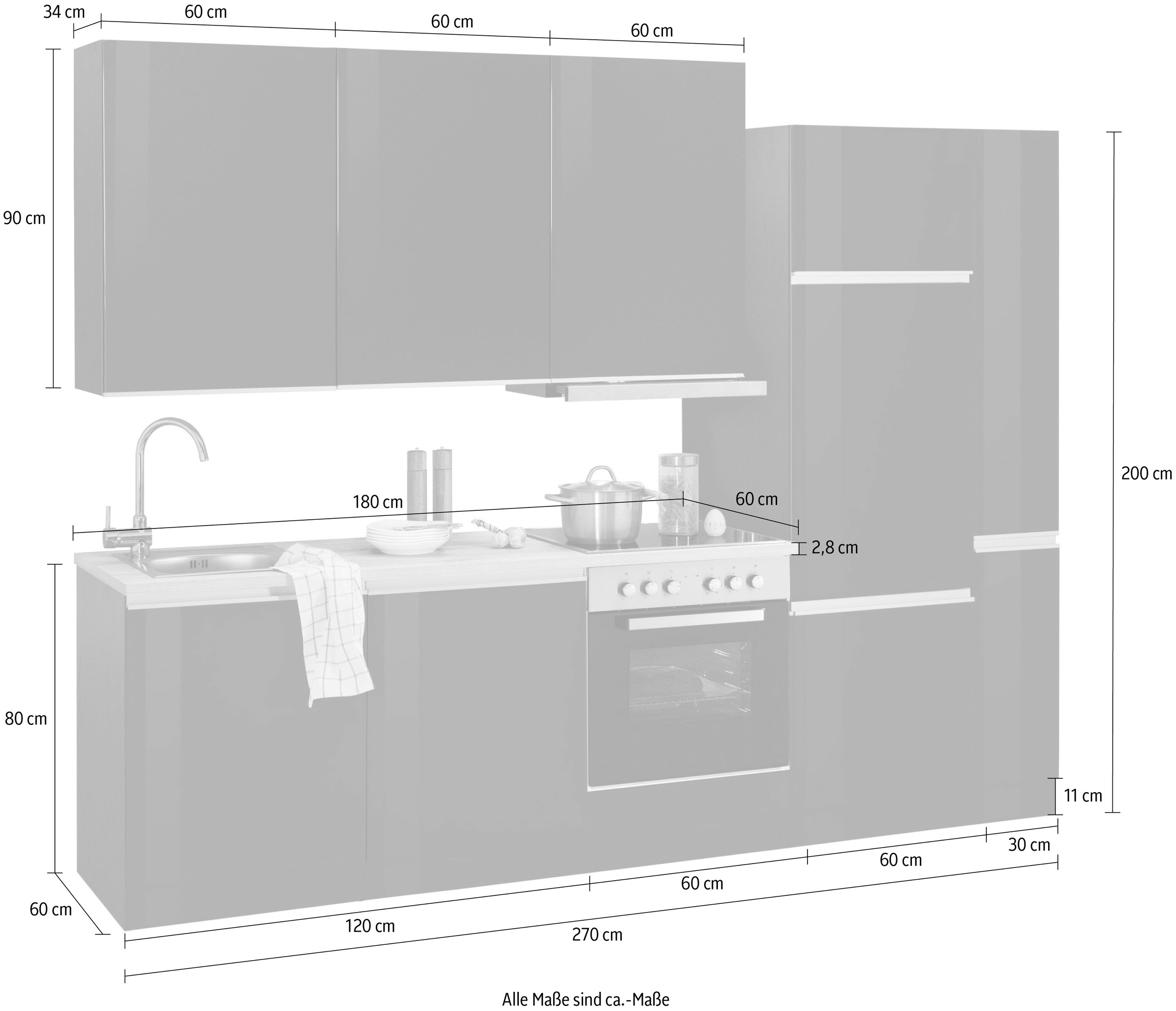 KOCHSTATION Küchenzeile »KS-Ohio«, mit E-Geräten, Breite 270 cm
