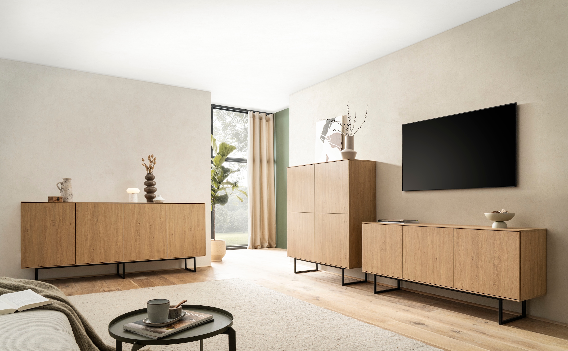 Home affaire Wohnwand »Lund, moderne Anbauwand, Wohnzimmer-Set in Stone Oak«, (2 St.), enthält Lowboard und Highboard