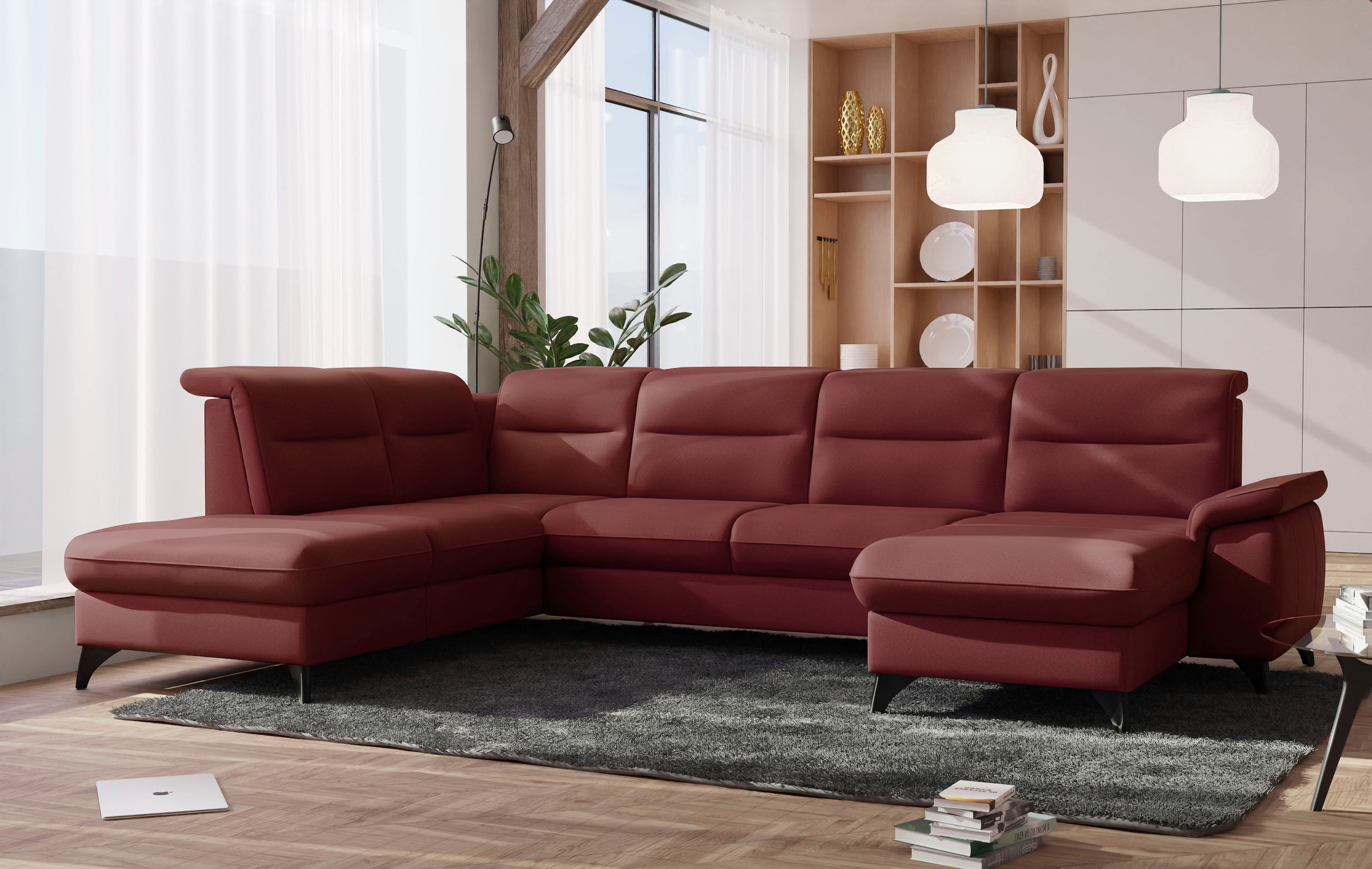 Wohnlandschaft SIT & MORE "Astoria U-Form", rot (bordeaux), B:329cm H:91cm T:225cm, 100% Polyester, Sofas, Wohnlandschaft, wahlweise mit motorischer Relaxfunktion