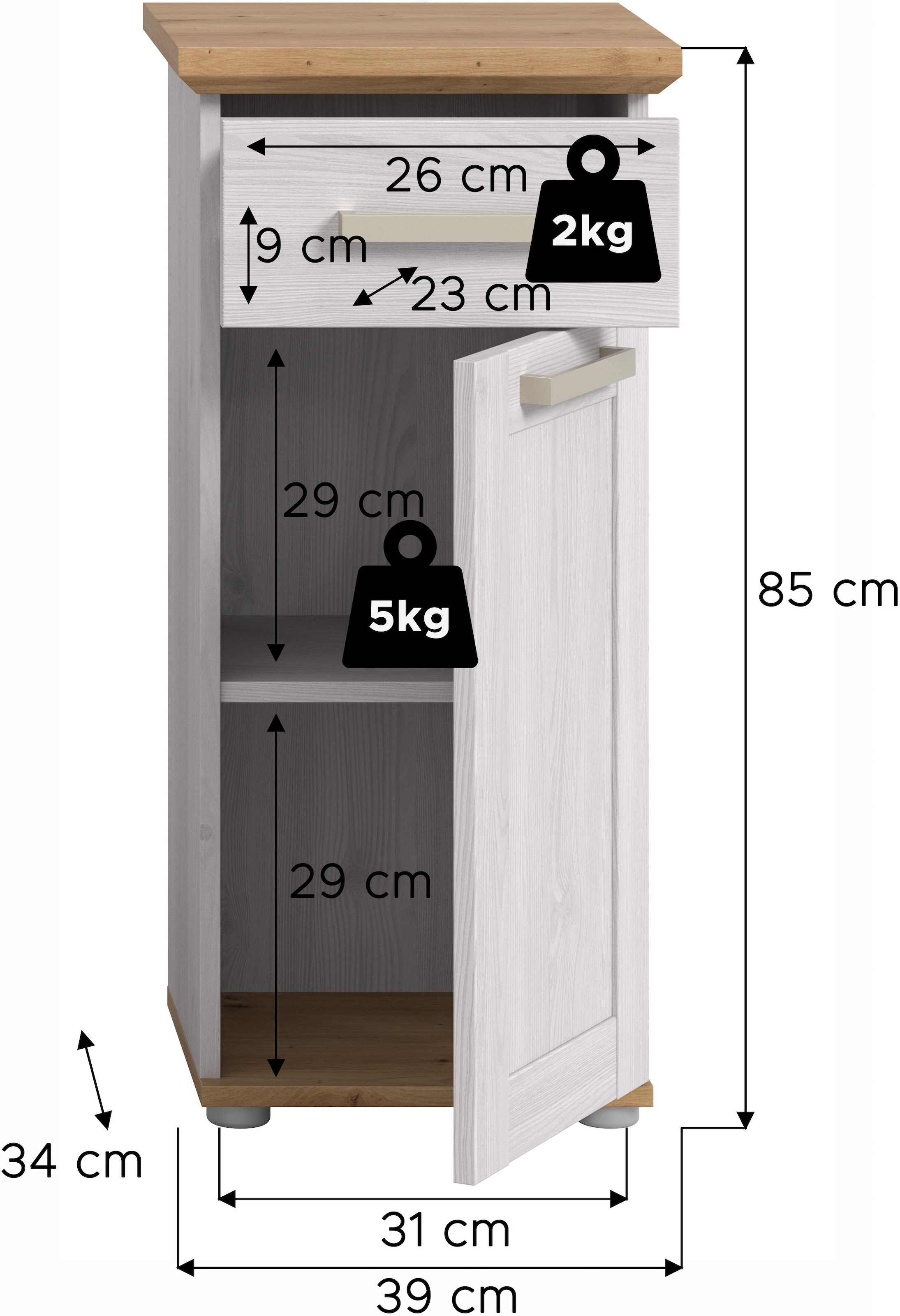 welltime Unterschrank »COSENZA, Höhe 85cm, 1 Tür, 1 Schubkasten, 1 Einlegeboden, 2 Fächer« in Landhausoptik, mit weiteren Artikel der Serie kombinierbar, 1 Stk. tlg. Standschrank, Badezimmerschrank, Bad, Badezimmer