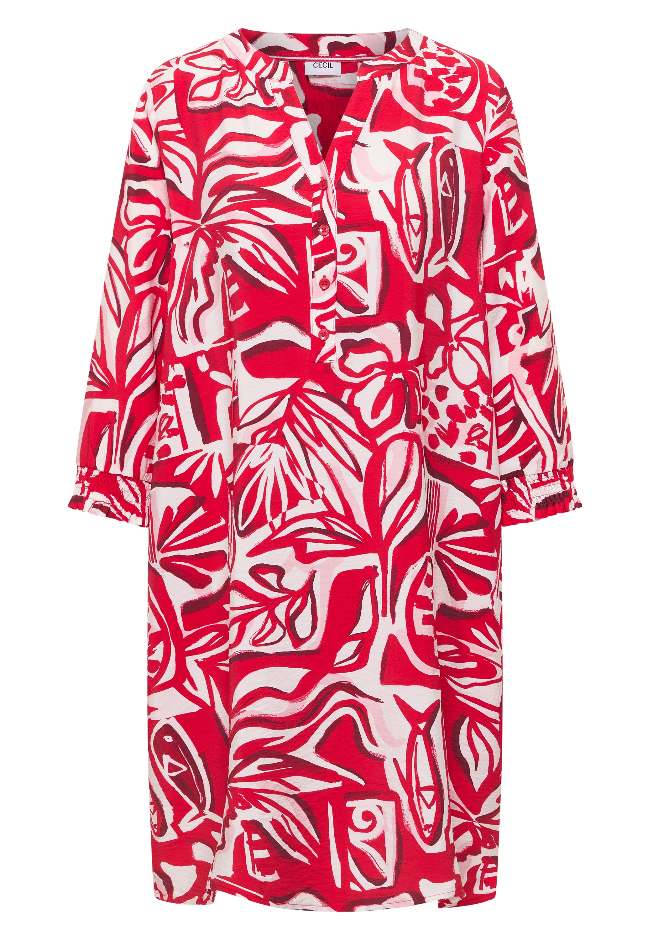 Midikleid CECIL, Damen, Gr. XL (44), US-Größen, glazed apple rot, Stoff, 88% Viskose, 12% Polyamid, gemustert, comfort fit knieumspielend, V-Ausschnitt, Bündchen, Kleider Midikleid, knielang 3