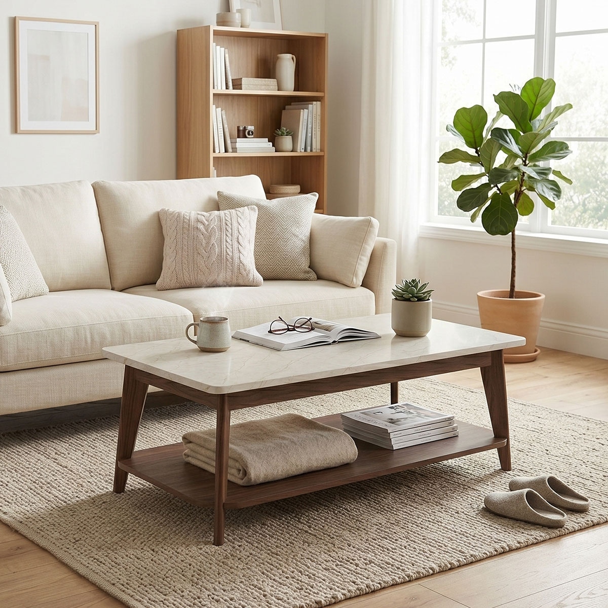 Jahnke Couchtisch »SIXTY COFFEE« Couchtisch, 2 Ebenen, Skandi, Walnuss-Optik&Marmor-Look, Breite:110 cm