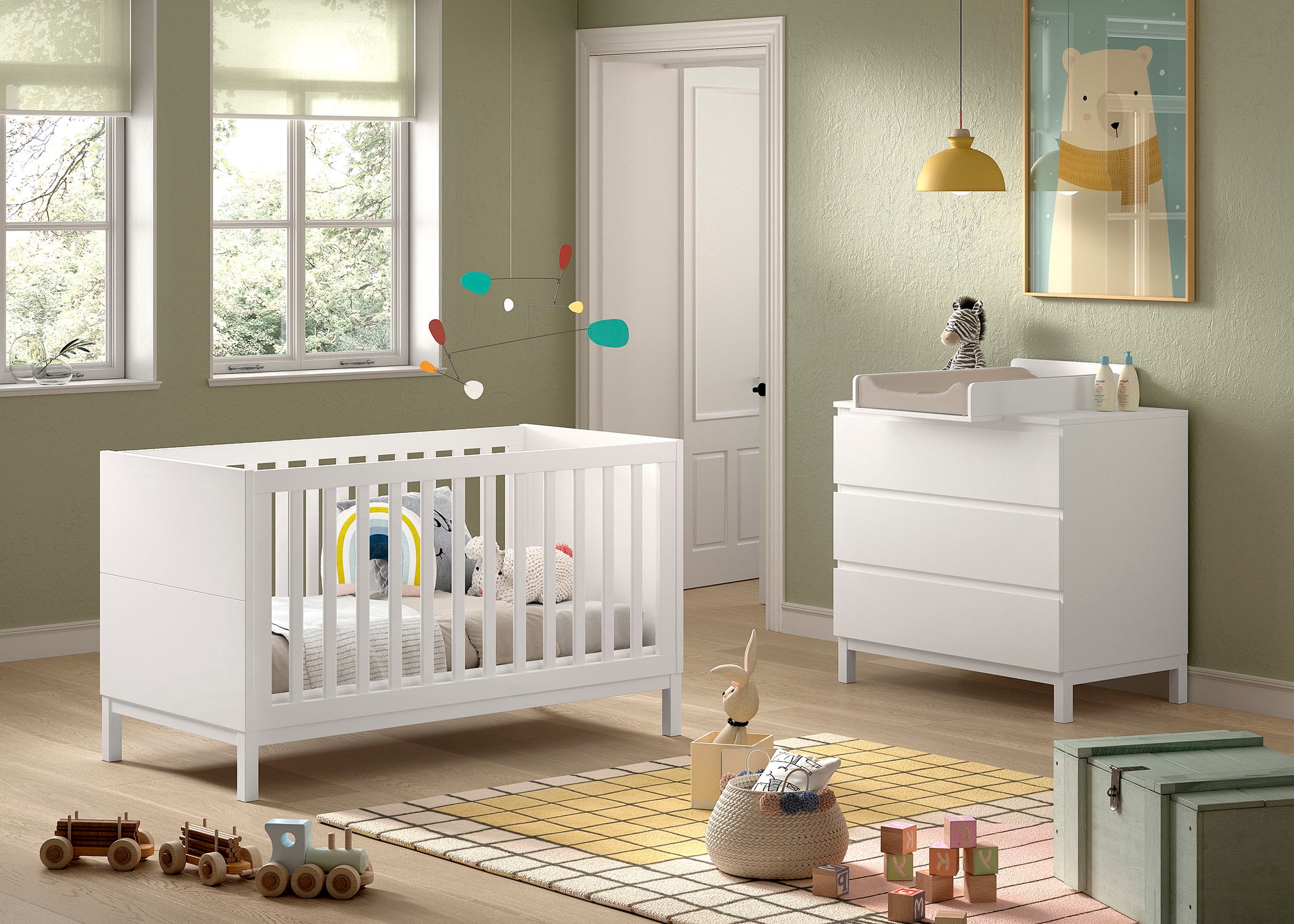Vipack Babymöbel-Set »Set best. aus Babybett 70/140, Kommode 3 Schubladen, Wickelaufsatz«, (3 tlg.), in gradlinigem Design, pflegeleichte lackierte Oberfläche in Weiß