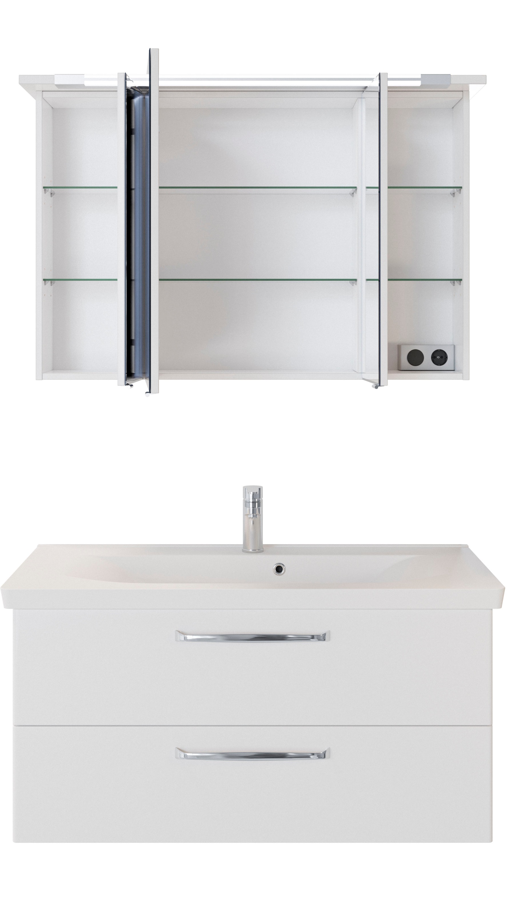 Saphir Badmöbel-Set »Trentino 2-tlg Mineralmarmor-Waschtisch, Spiegelschrank mit LED-Profil«, (3 St.), Badmöbel-Set 110cm breit, inkl. Türdämpfer, 3 Türen, 2 Auszügen